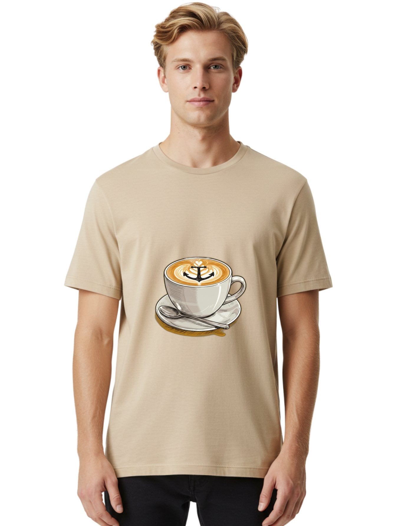 Anchor-Coffee Men'S Graphic Tee, 100% Cotton, Comfortable Casual Summer Wear, Machine Washable, Latte Art, Coffee Cup, Coffee Design, Anchor Symbol, Coffee Culture, Artistic Coffee, Coffee Drink, Saucer And Spoon, Coffee Art Baa129 30