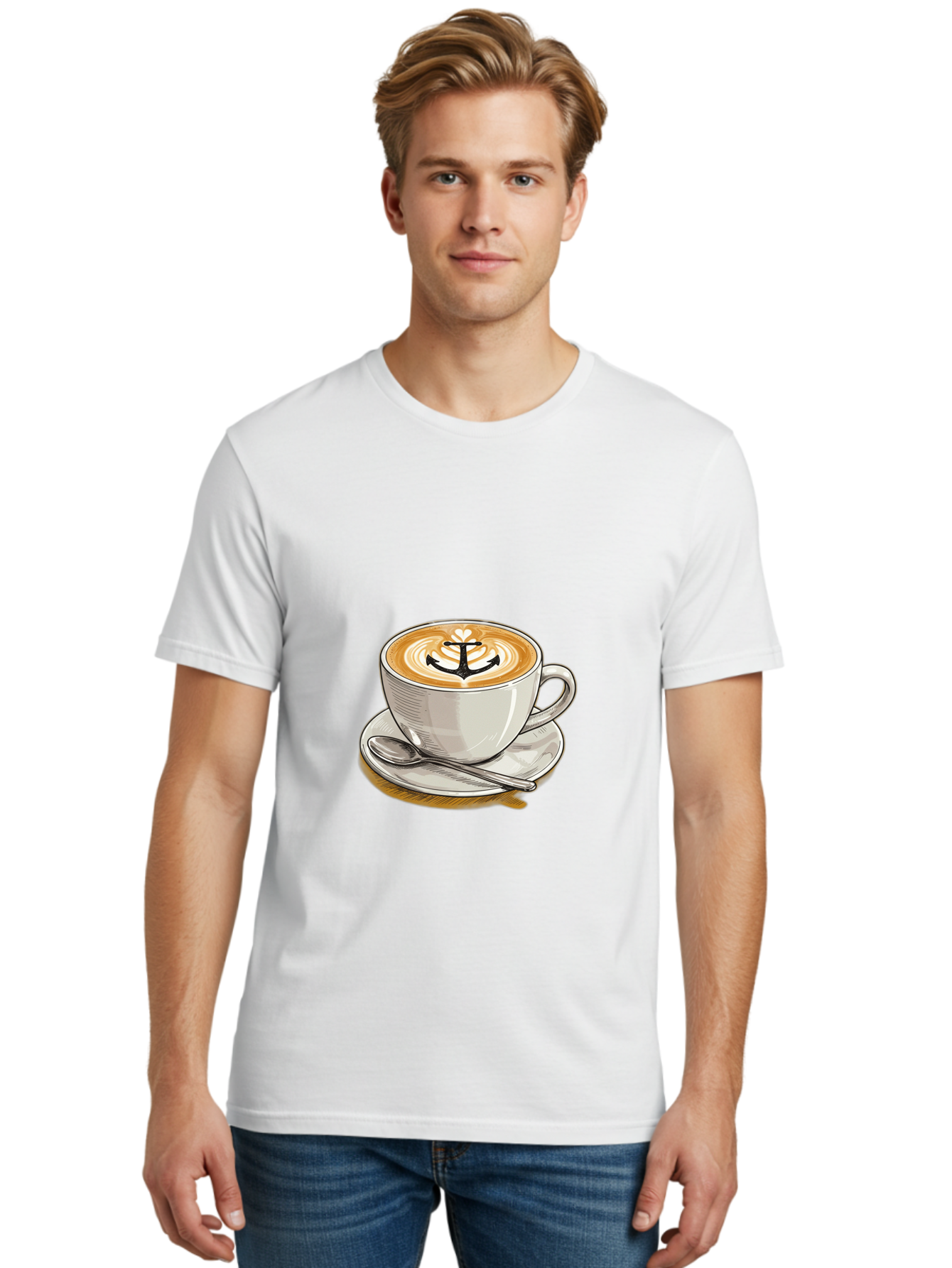 Anchor-Coffee Men'S Graphic Tee, 100% Cotton, Comfortable Casual Summer Wear, Machine Washable, Latte Art, Coffee Cup, Coffee Design, Anchor Symbol, Coffee Culture, Artistic Coffee, Coffee Drink, Saucer And Spoon, Coffee Art Baa129 4