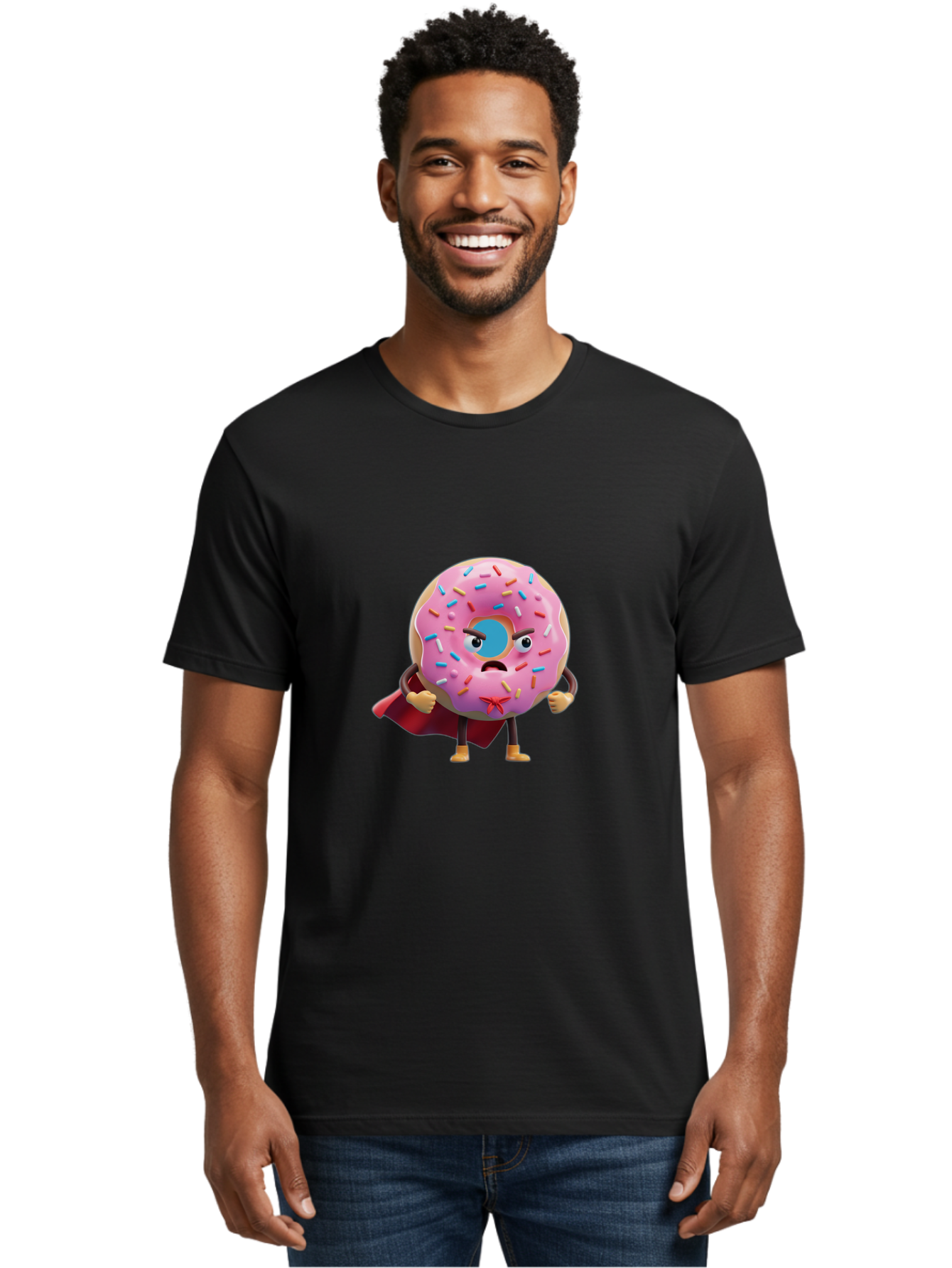 Angry-Donut-Superhero Men'S Graphic Tee, 100% Cotton, Comfortable Casual Summer Wear, Machine Washable, Pink Frosted Donut With Sprinkles, Angry Face, Superhero Cape, Funny Character, Comical Expression, Sweet Treat, Cartoon Character Baa133 12