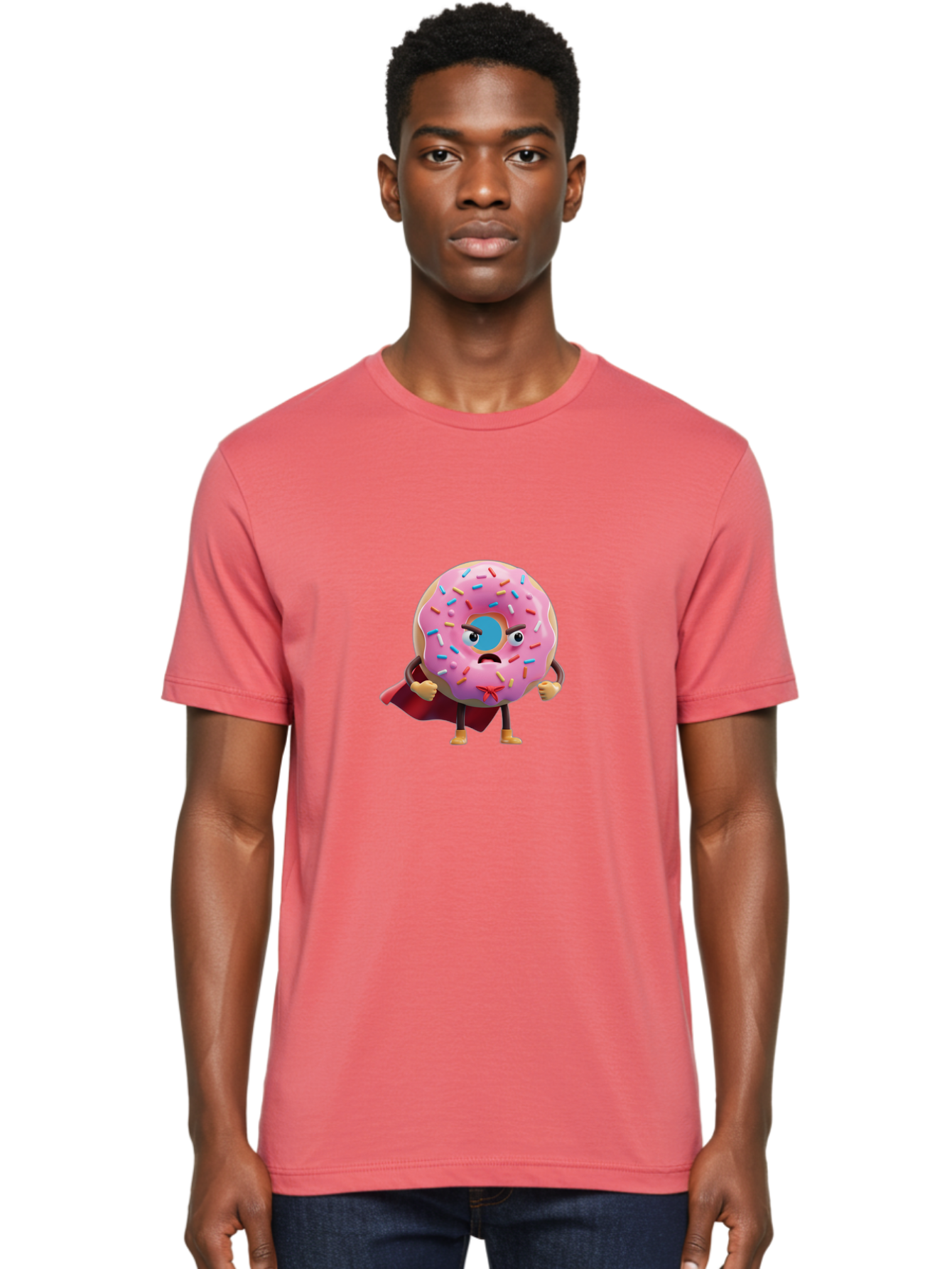 Angry-Donut-Superhero Men'S Graphic Tee, 100% Cotton, Comfortable Casual Summer Wear, Machine Washable, Pink Frosted Donut With Sprinkles, Angry Face, Superhero Cape, Funny Character, Comical Expression, Sweet Treat, Cartoon Character Baa133 22