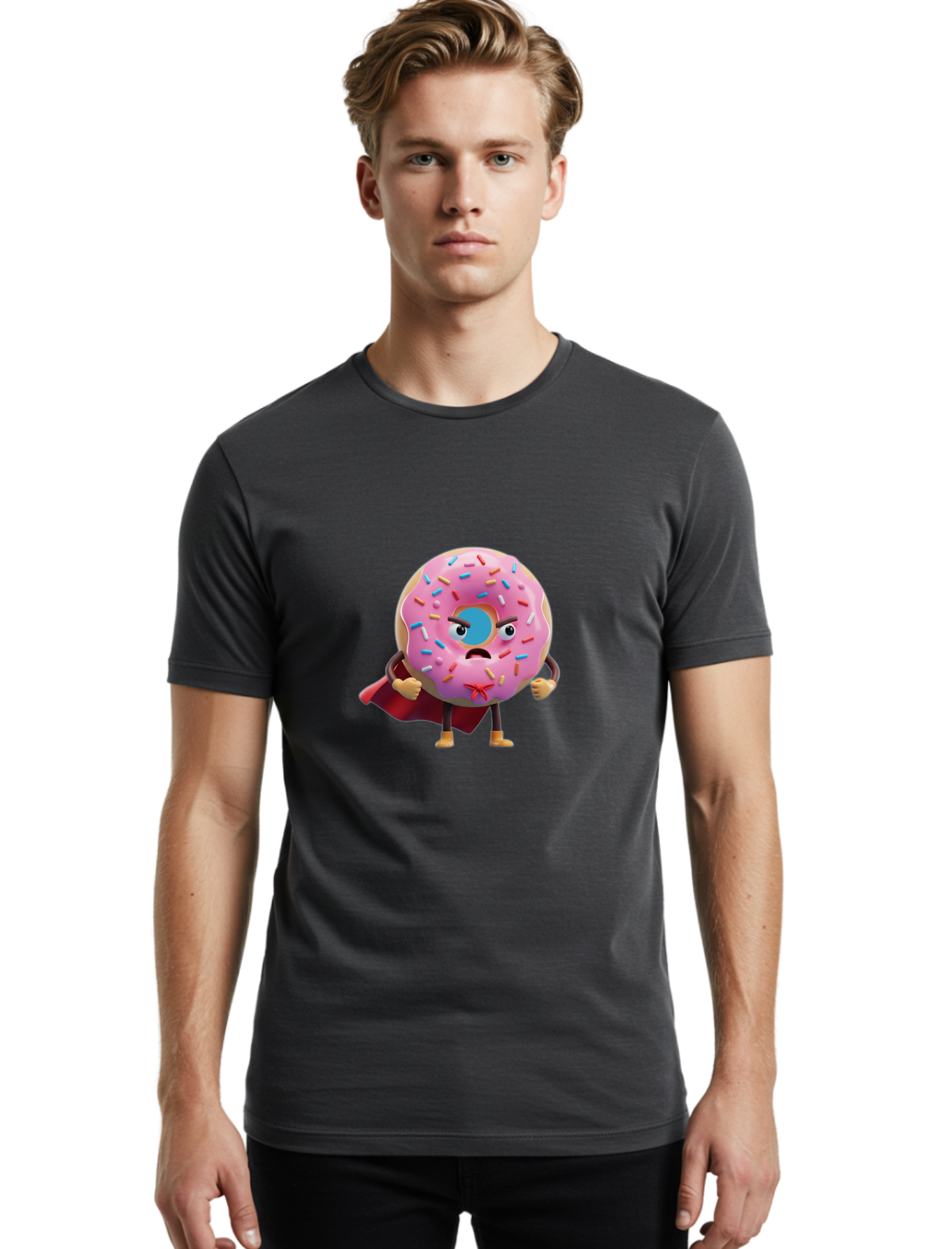 Angry-Donut-Superhero Men'S Graphic Tee, 100% Cotton, Comfortable Casual Summer Wear, Machine Washable, Pink Frosted Donut With Sprinkles, Angry Face, Superhero Cape, Funny Character, Comical Expression, Sweet Treat, Cartoon Character Baa133 18