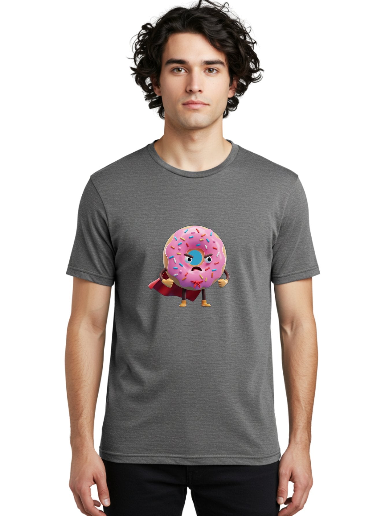 Angry-Donut-Superhero Men'S Graphic Tee, 100% Cotton, Comfortable Casual Summer Wear, Machine Washable, Pink Frosted Donut With Sprinkles, Angry Face, Superhero Cape, Funny Character, Comical Expression, Sweet Treat, Cartoon Character Baa133 28