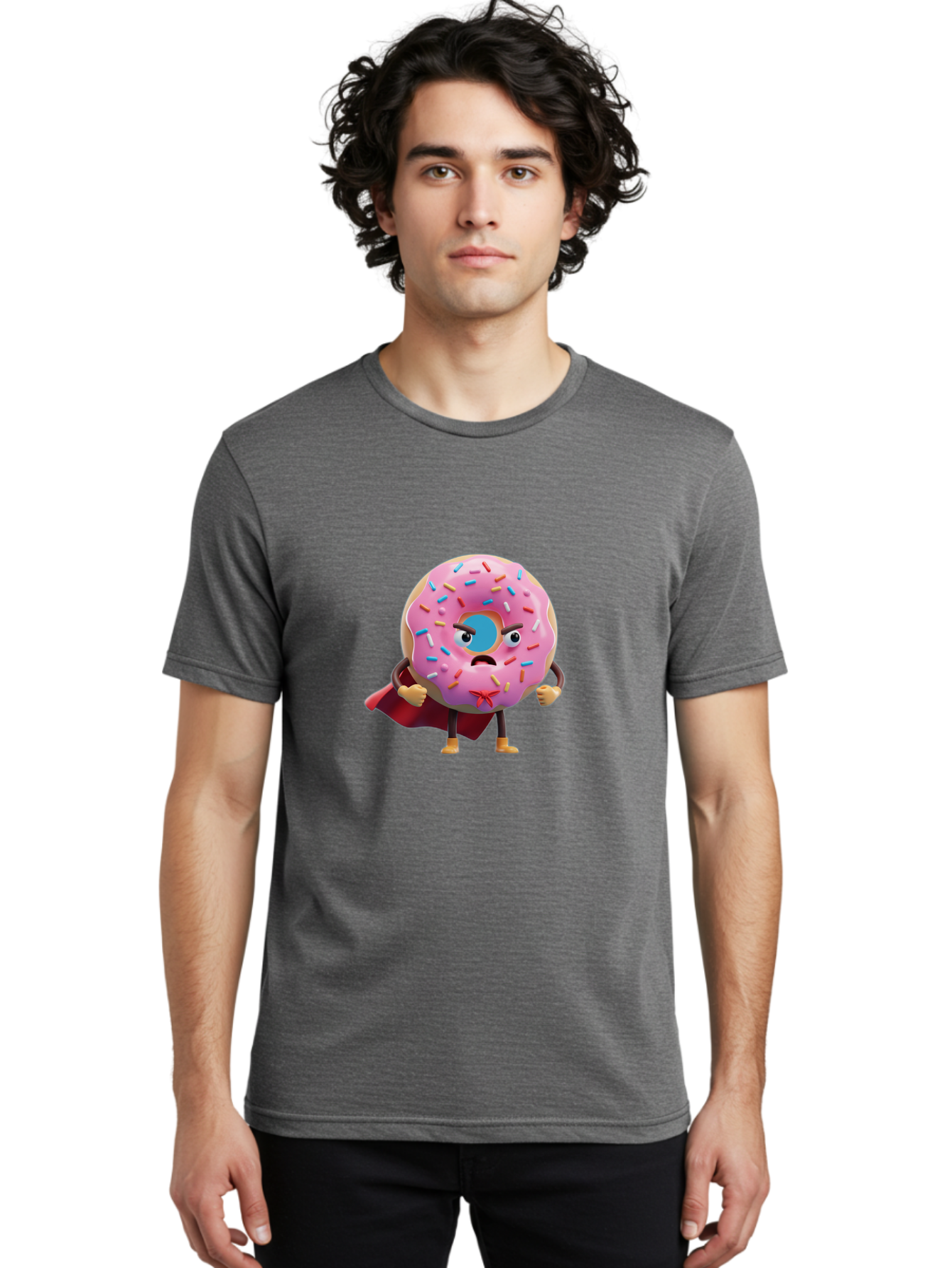 Angry-Donut-Superhero Men'S Graphic Tee, 100% Cotton, Comfortable Casual Summer Wear, Machine Washable, Pink Frosted Donut With Sprinkles, Angry Face, Superhero Cape, Funny Character, Comical Expression, Sweet Treat, Cartoon Character Baa133 6