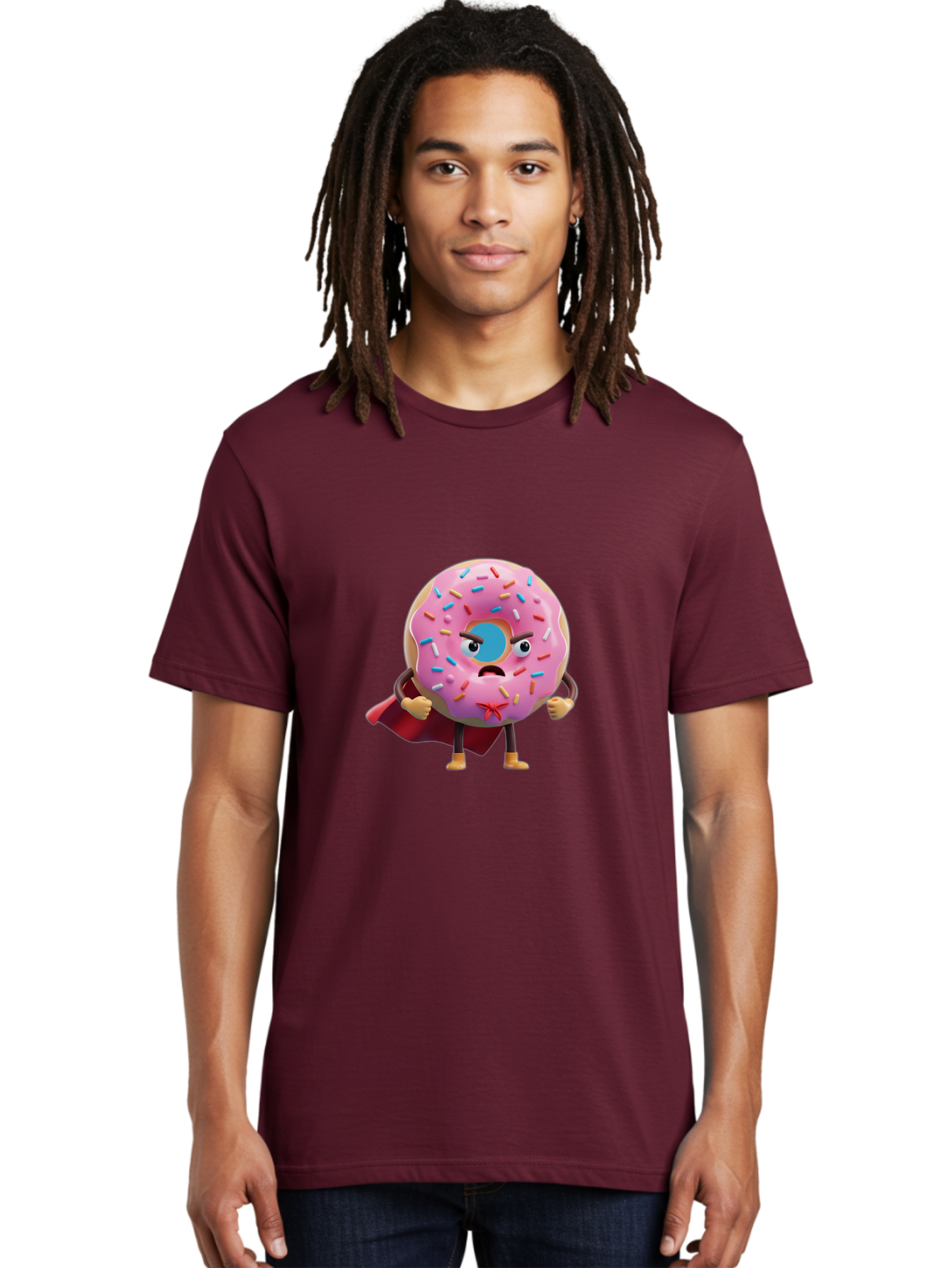 Angry-Donut-Superhero Men'S Graphic Tee, 100% Cotton, Comfortable Casual Summer Wear, Machine Washable, Pink Frosted Donut With Sprinkles, Angry Face, Superhero Cape, Funny Character, Comical Expression, Sweet Treat, Cartoon Character Baa133 26