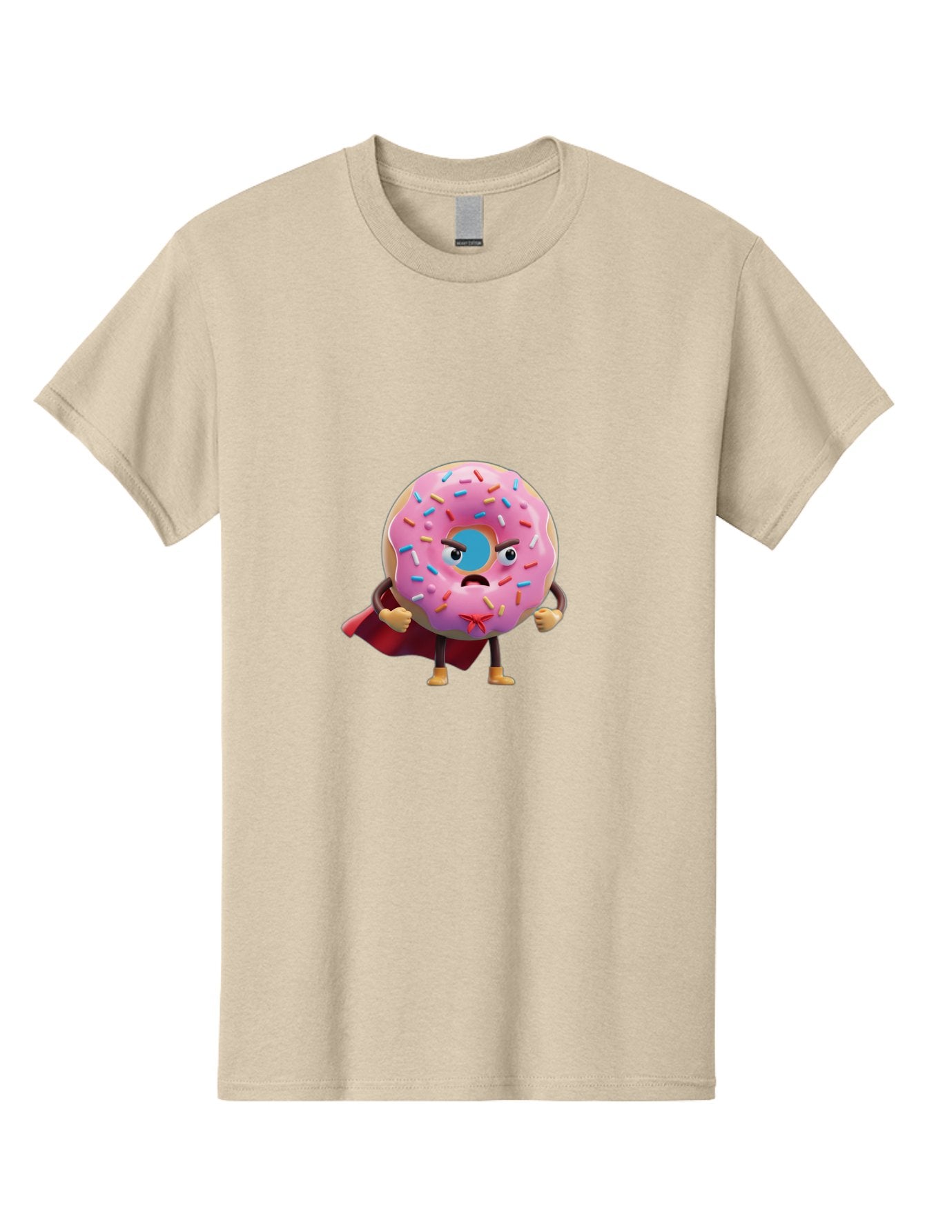 Angry-Donut-Superhero Men'S Graphic Tee, 100% Cotton, Comfortable Casual Summer Wear, Machine Washable, Pink Frosted Donut With Sprinkles, Angry Face, Superhero Cape, Funny Character, Comical Expression, Sweet Treat, Cartoon Character Baa133 4