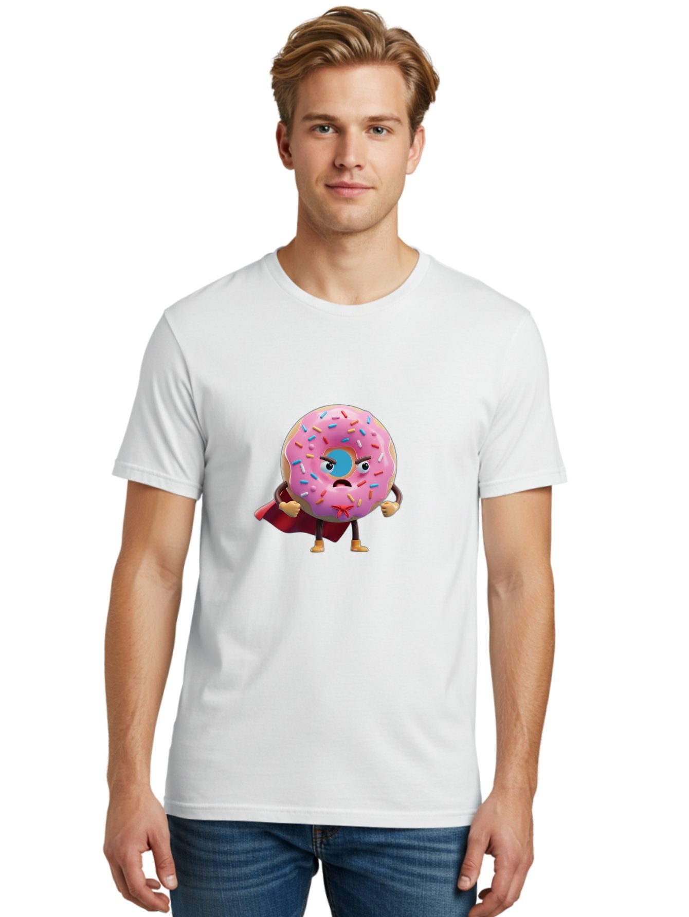 Angry-Donut-Superhero Men'S Graphic Tee, 100% Cotton, Comfortable Casual Summer Wear, Machine Washable, Pink Frosted Donut With Sprinkles, Angry Face, Superhero Cape, Funny Character, Comical Expression, Sweet Treat, Cartoon Character Baa133 26