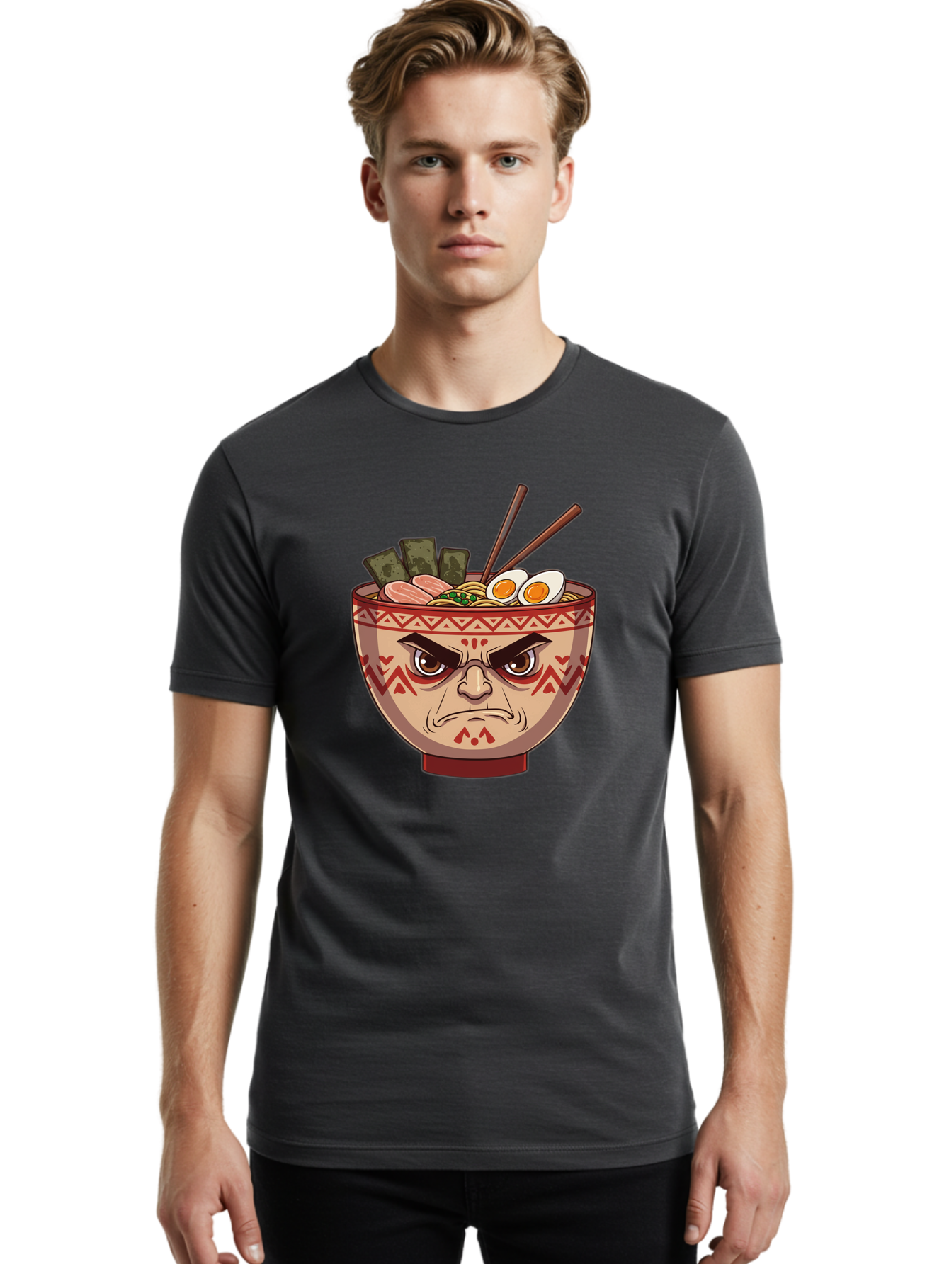 Angry-Ramen Men'S Graphic Tee, 100% Cotton, Comfortable Casual Summer Wear, Machine Washable, Angry Ramen Bowl, Angry Face, Ramen Noodles, Boiled Egg, Seaweed, Chopsticks, Kawaii, Cartoon Character, Ramen Toppings, Angry Eyes Baa134 30