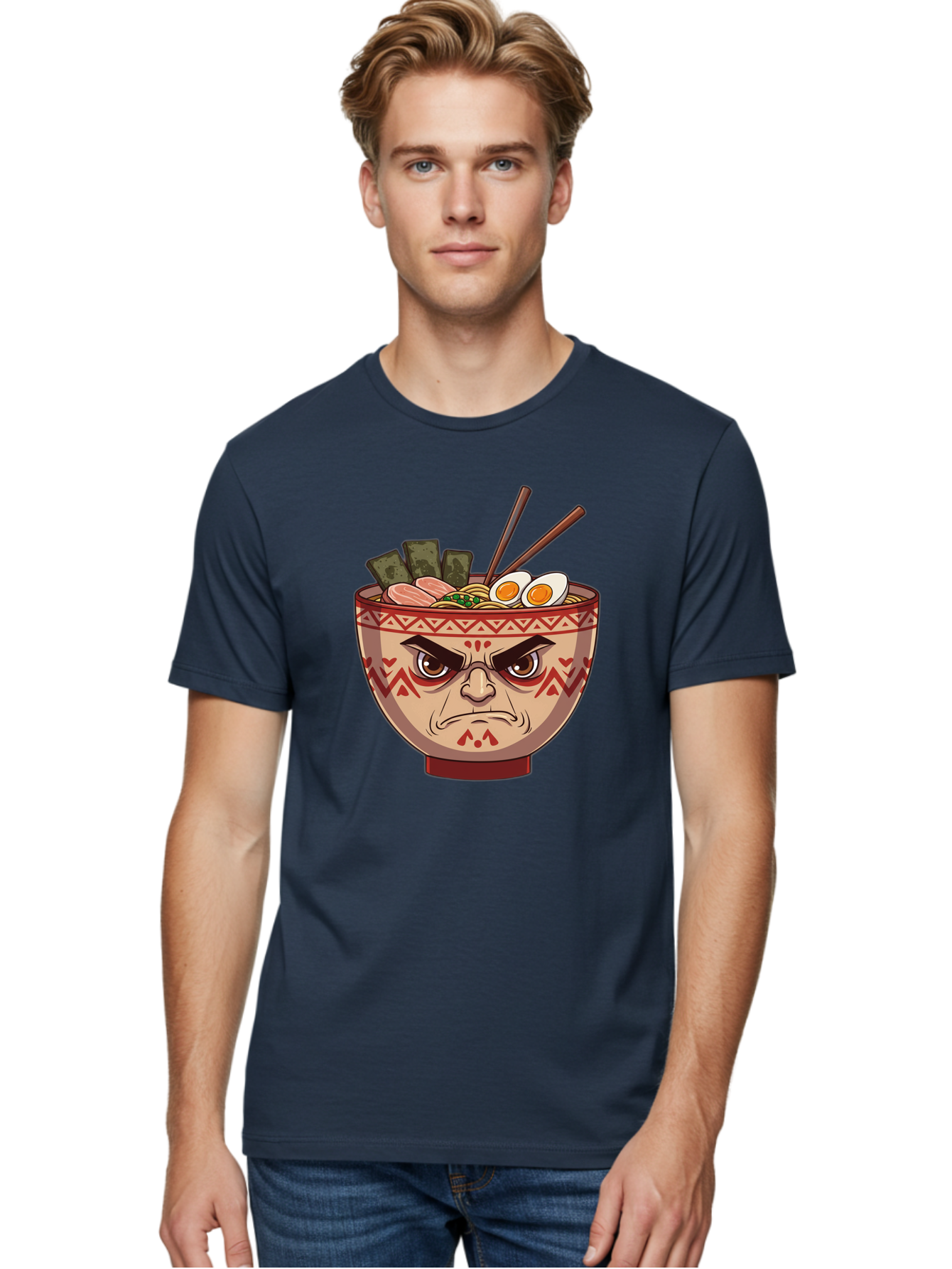 Angry-Ramen Men'S Graphic Tee, 100% Cotton, Comfortable Casual Summer Wear, Machine Washable, Angry Ramen Bowl, Angry Face, Ramen Noodles, Boiled Egg, Seaweed, Chopsticks, Kawaii, Cartoon Character, Ramen Toppings, Angry Eyes Baa134 6