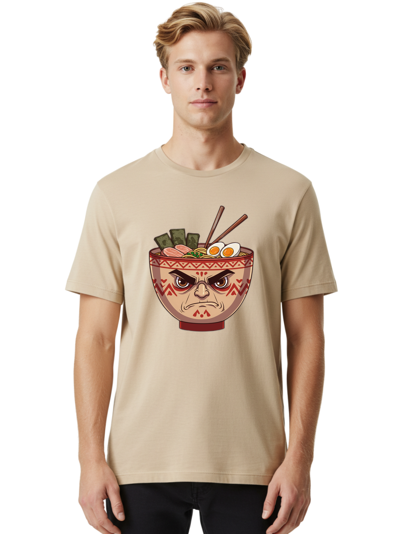 Angry-Ramen Men'S Graphic Tee, 100% Cotton, Comfortable Casual Summer Wear, Machine Washable, Angry Ramen Bowl, Angry Face, Ramen Noodles, Boiled Egg, Seaweed, Chopsticks, Kawaii, Cartoon Character, Ramen Toppings, Angry Eyes Baa134 16