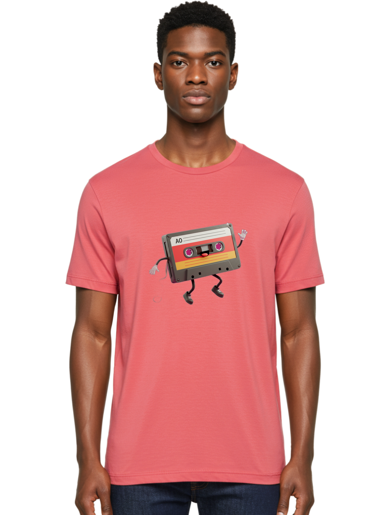 Ao-Cassette Men'S Graphic Tee, 100% Cotton, Comfortable Casual Summer Wear, Machine Washable, Retro Cassette Tape, Character Design, Anthropomorphic Object, Music Nostalgia, Vintage Technology, 80S And 90S Memorabilia, Funky Illustration, Baa136 18