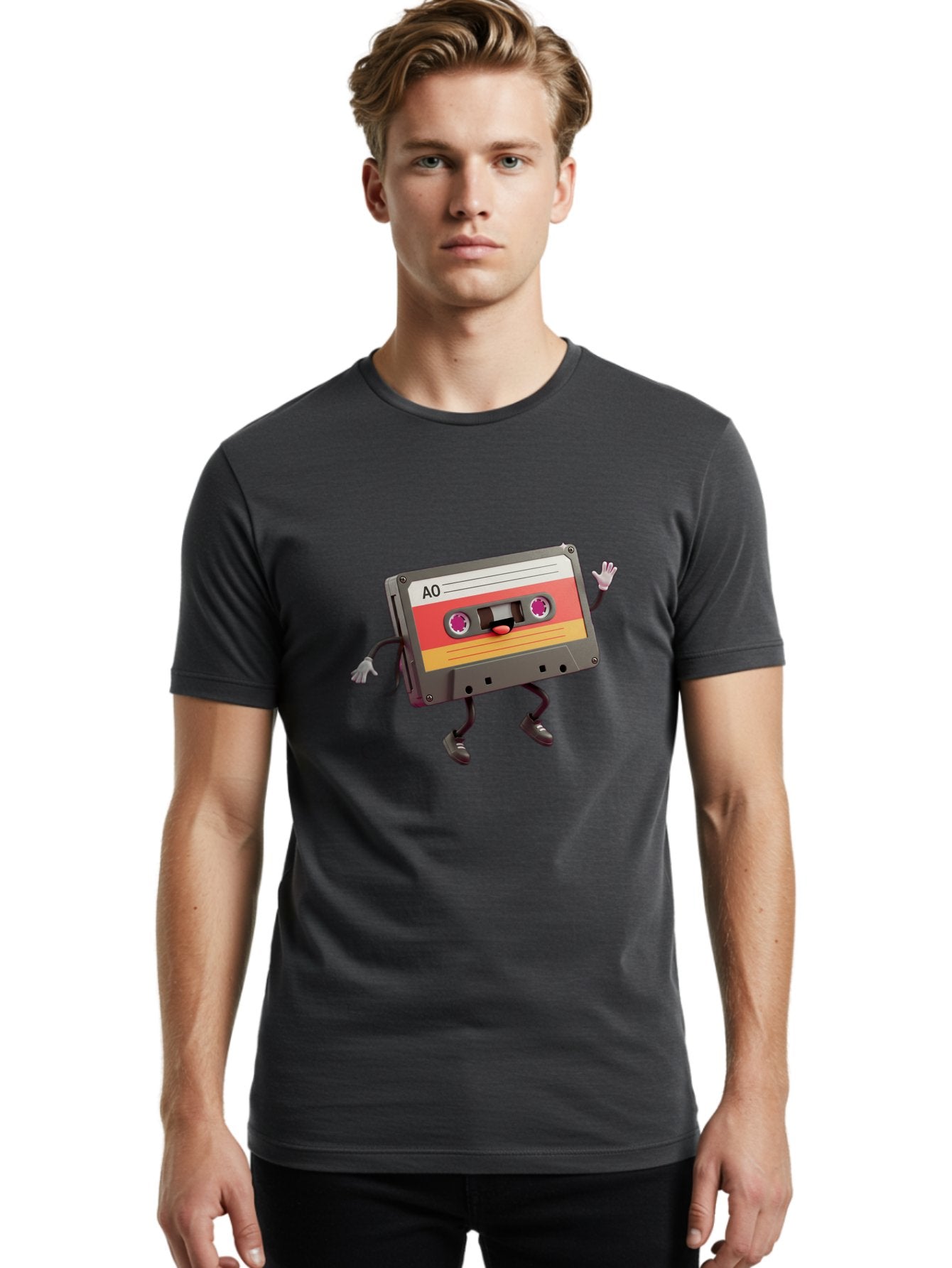 Ao-Cassette Men'S Graphic Tee, 100% Cotton, Comfortable Casual Summer Wear, Machine Washable, Retro Cassette Tape, Character Design, Anthropomorphic Object, Music Nostalgia, Vintage Technology, 80S And 90S Memorabilia, Funky Illustration, Baa136 18