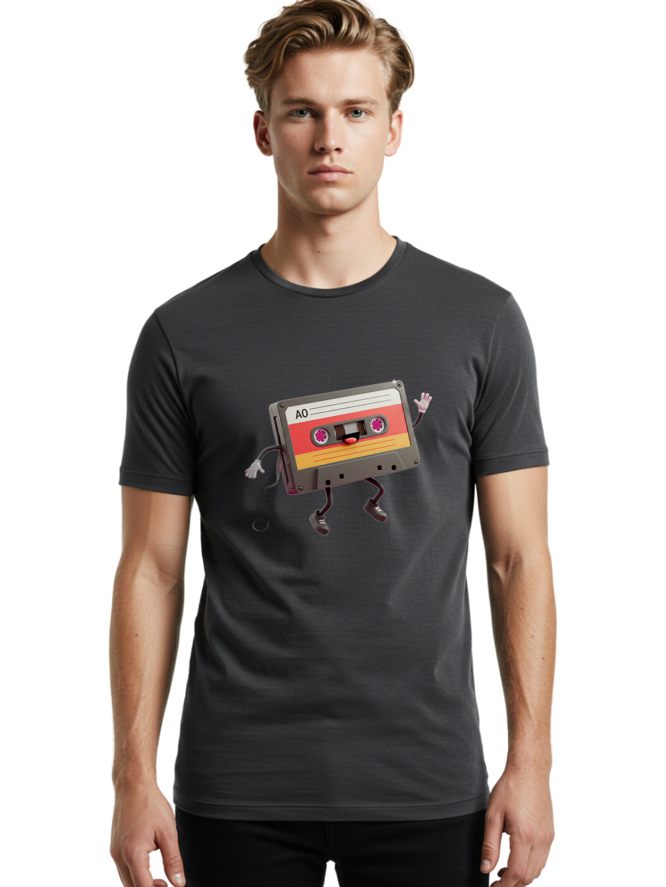 Ao-Cassette Men'S Graphic Tee, 100% Cotton, Comfortable Casual Summer Wear, Machine Washable, Retro Cassette Tape, Character Design, Anthropomorphic Object, Music Nostalgia, Vintage Technology, 80S And 90S Memorabilia, Funky Illustration, Baa136 24