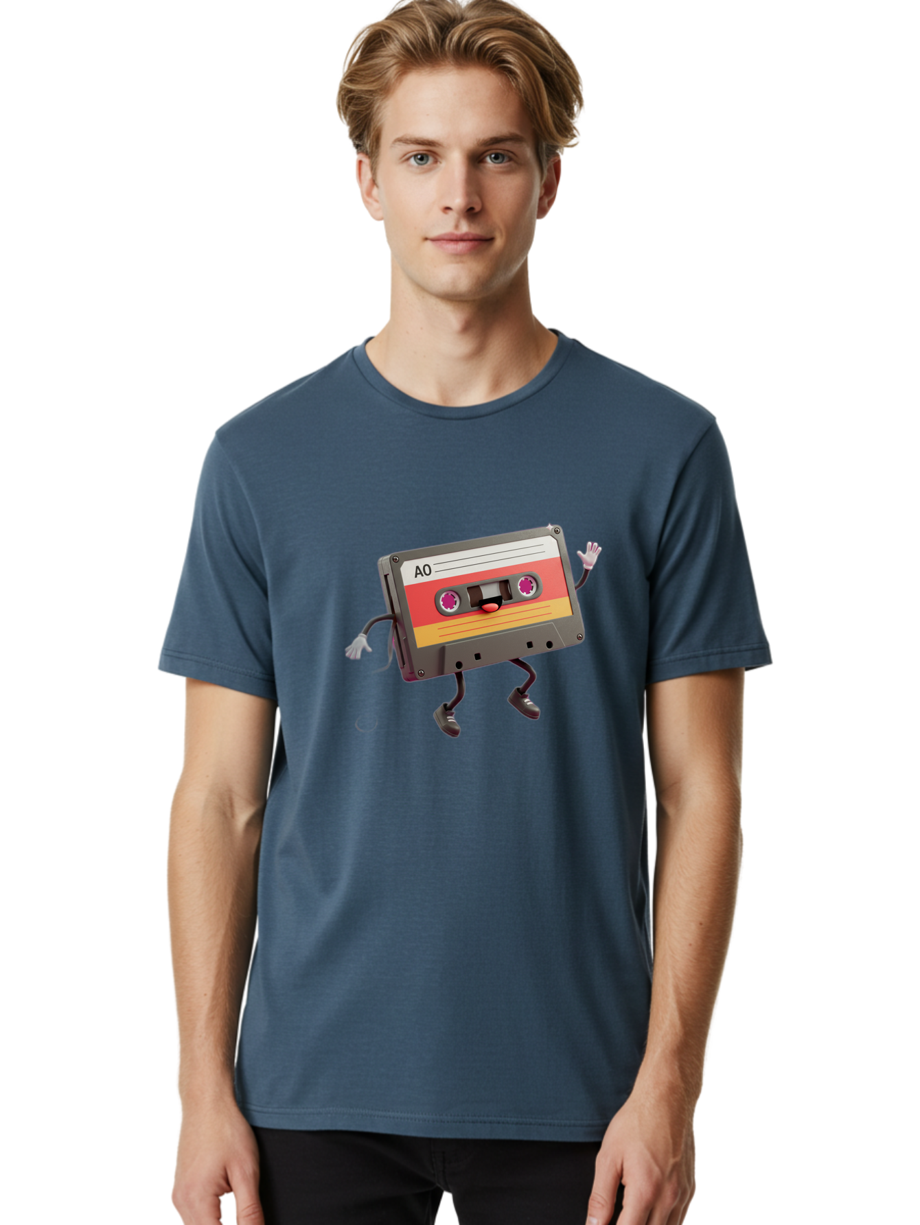 Ao-Cassette Men'S Graphic Tee, 100% Cotton, Comfortable Casual Summer Wear, Machine Washable, Retro Cassette Tape, Character Design, Anthropomorphic Object, Music Nostalgia, Vintage Technology, 80S And 90S Memorabilia, Funky Illustration, Baa136 20