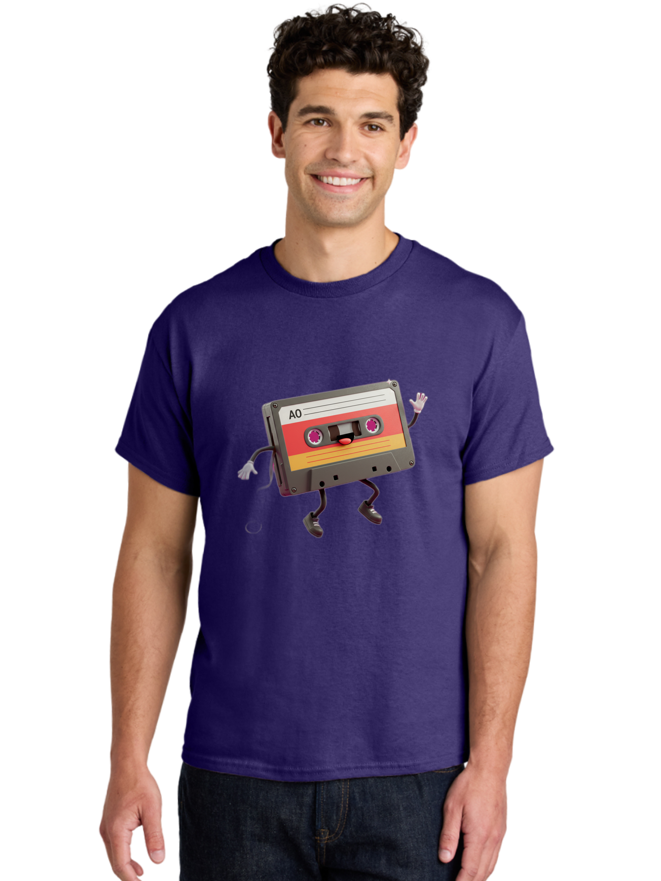Ao-Cassette Men'S Graphic Tee, 100% Cotton, Comfortable Casual Summer Wear, Machine Washable, Retro Cassette Tape, Character Design, Anthropomorphic Object, Music Nostalgia, Vintage Technology, 80S And 90S Memorabilia, Funky Illustration, Baa136 6
