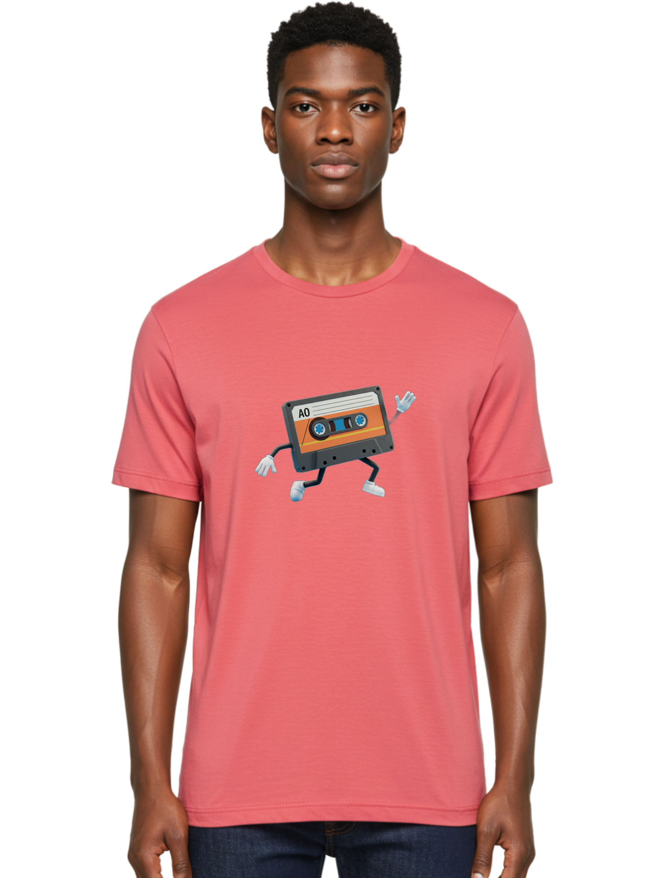 Ao-Mixtape Men'S Graphic Tee, 100% Cotton, Comfortable Casual Summer Wear, Machine Washable, Cartoon Cassette Tape, Vintage Music, Retro Technology, Orange Label, Ao Label, Black Plastic, White Gloves, Dancing Cassette, Funny Character, Baa137 26