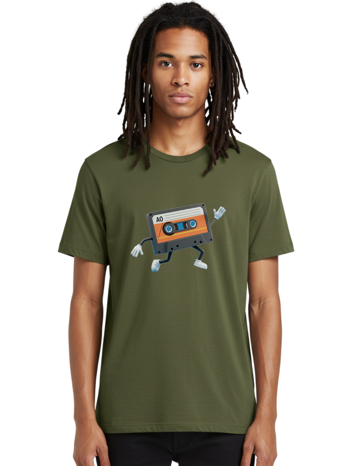 Ao-Mixtape Men'S Graphic Tee, 100% Cotton, Comfortable Casual Summer Wear, Machine Washable, Cartoon Cassette Tape, Vintage Music, Retro Technology, Orange Label, Ao Label, Black Plastic, White Gloves, Dancing Cassette, Funny Character, Baa137 28