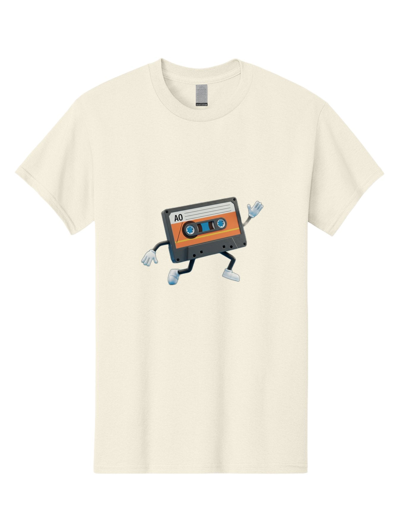 Ao-Mixtape Men'S Graphic Tee, 100% Cotton, Comfortable Casual Summer Wear, Machine Washable, Cartoon Cassette Tape, Vintage Music, Retro Technology, Orange Label, Ao Label, Black Plastic, White Gloves, Dancing Cassette, Funny Character, Baa137 11