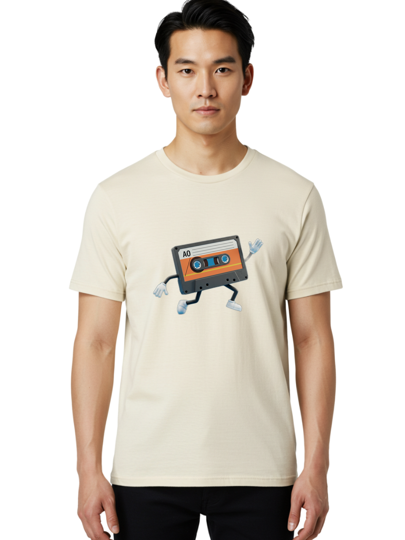 Ao-Mixtape Men'S Graphic Tee, 100% Cotton, Comfortable Casual Summer Wear, Machine Washable, Cartoon Cassette Tape, Vintage Music, Retro Technology, Orange Label, Ao Label, Black Plastic, White Gloves, Dancing Cassette, Funny Character, Baa137 8