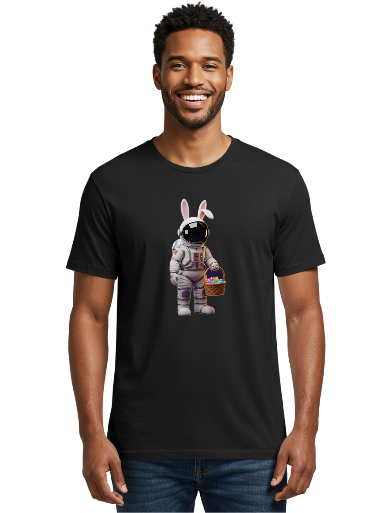 Astronaut-Bunny Men'S Graphic Tee, 100% Cotton, Comfortable Casual Summer Wear, Machine Washable, Astronaut With Bunny Ears, Space Suit, Easter Basket, Colorful Eggs, Digital Art, Futuristic, Holiday, Quirky, Easter Eggs, Festive Atmosphere, Baa143 12