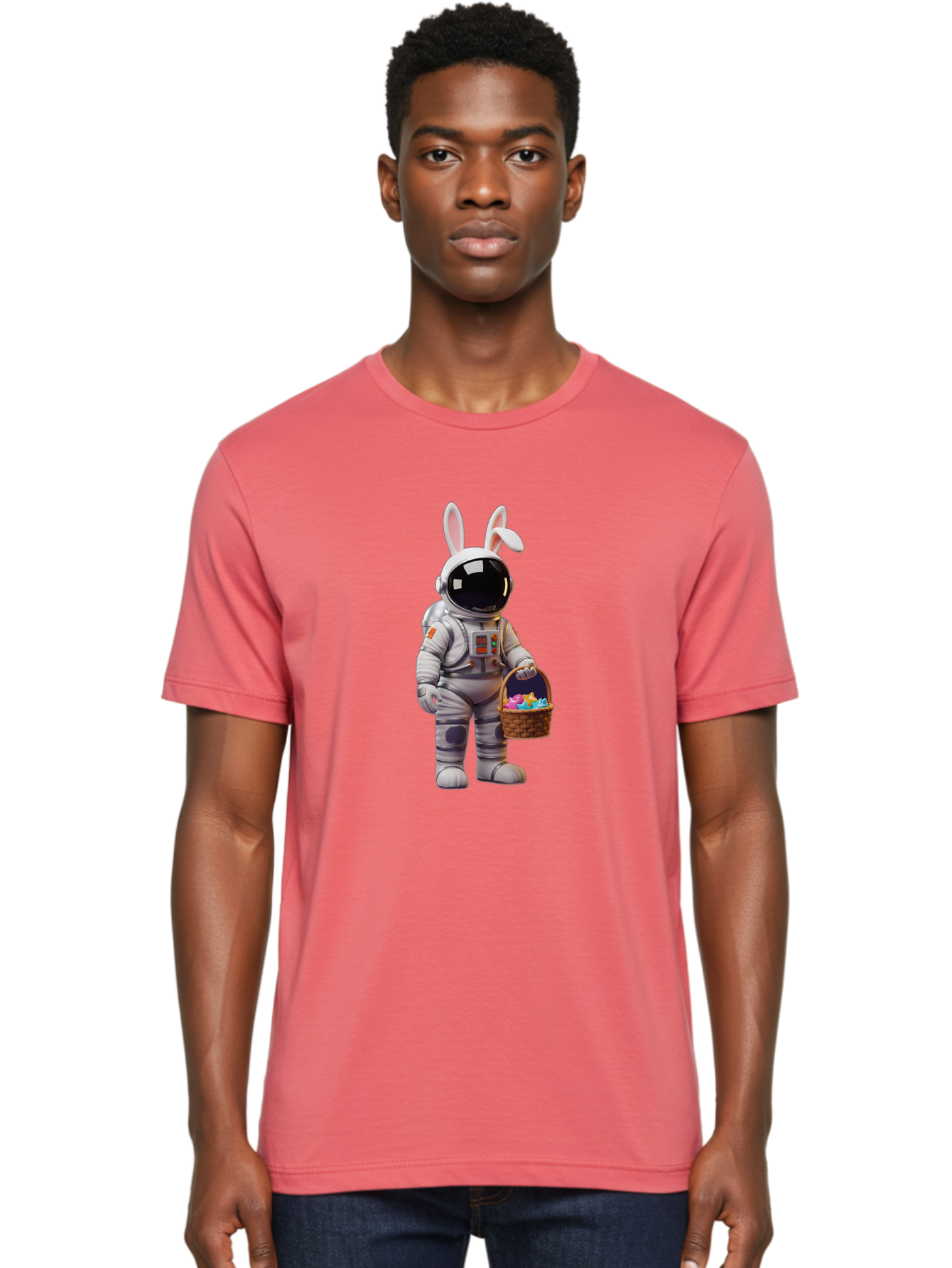 Astronaut-Bunny Men'S Graphic Tee, 100% Cotton, Comfortable Casual Summer Wear, Machine Washable, Astronaut With Bunny Ears, Space Suit, Easter Basket, Colorful Eggs, Digital Art, Futuristic, Holiday, Quirky, Easter Eggs, Festive Atmosphere, Baa143 28