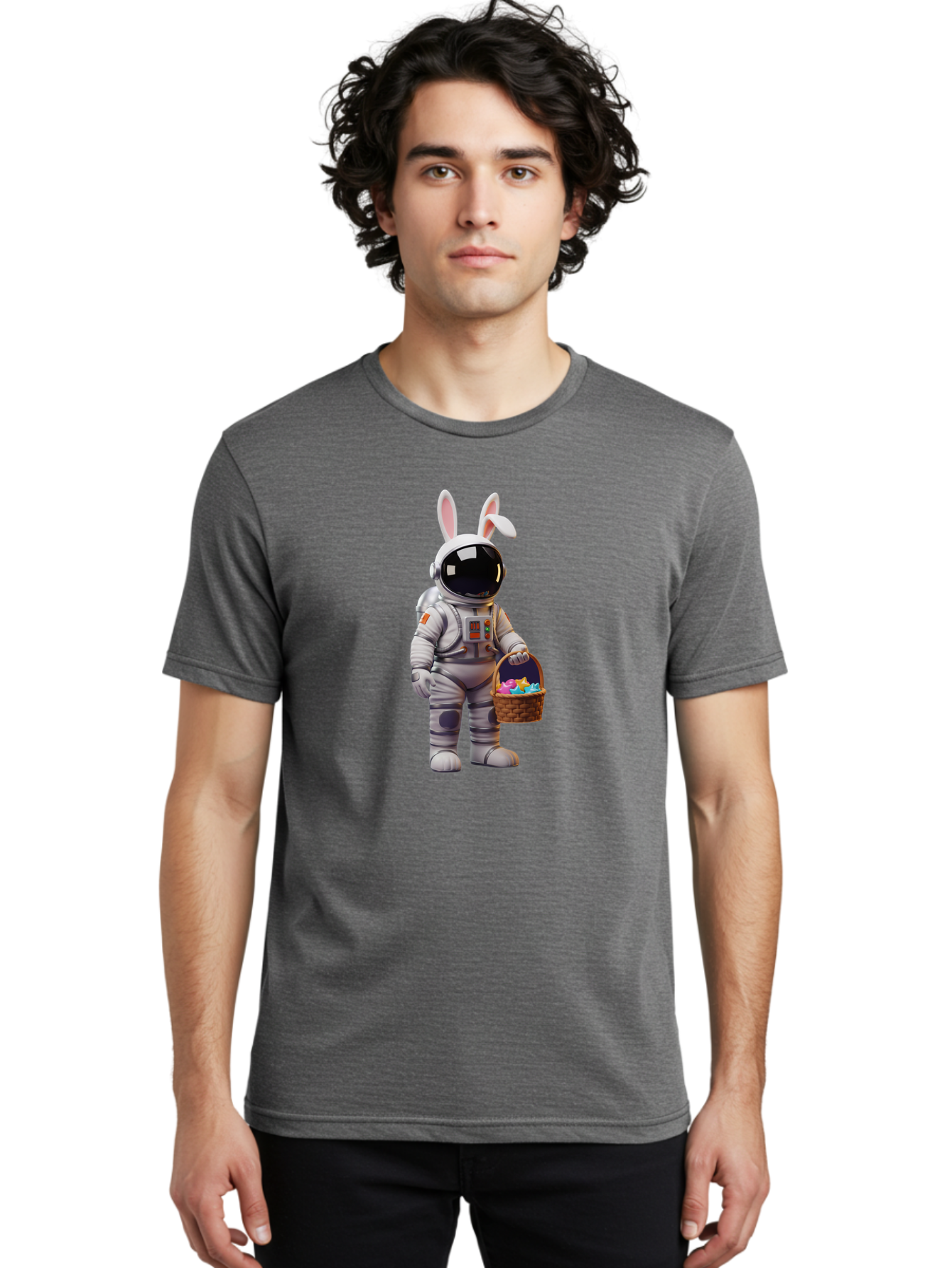 Astronaut-Bunny Men'S Graphic Tee, 100% Cotton, Comfortable Casual Summer Wear, Machine Washable, Astronaut With Bunny Ears, Space Suit, Easter Basket, Colorful Eggs, Digital Art, Futuristic, Holiday, Quirky, Easter Eggs, Festive Atmosphere, Baa143 30