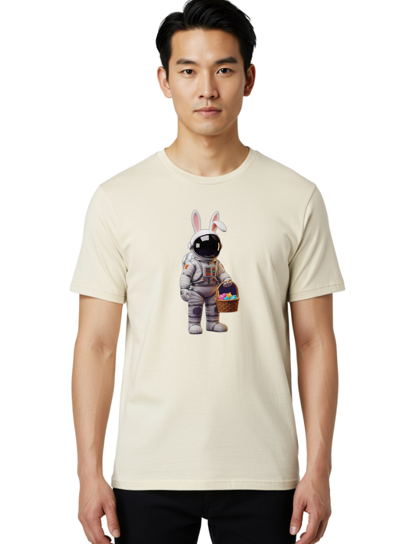 Astronaut-Bunny Men'S Graphic Tee, 100% Cotton, Comfortable Casual Summer Wear, Machine Washable, Astronaut With Bunny Ears, Space Suit, Easter Basket, Colorful Eggs, Digital Art, Futuristic, Holiday, Quirky, Easter Eggs, Festive Atmosphere, Baa143 8