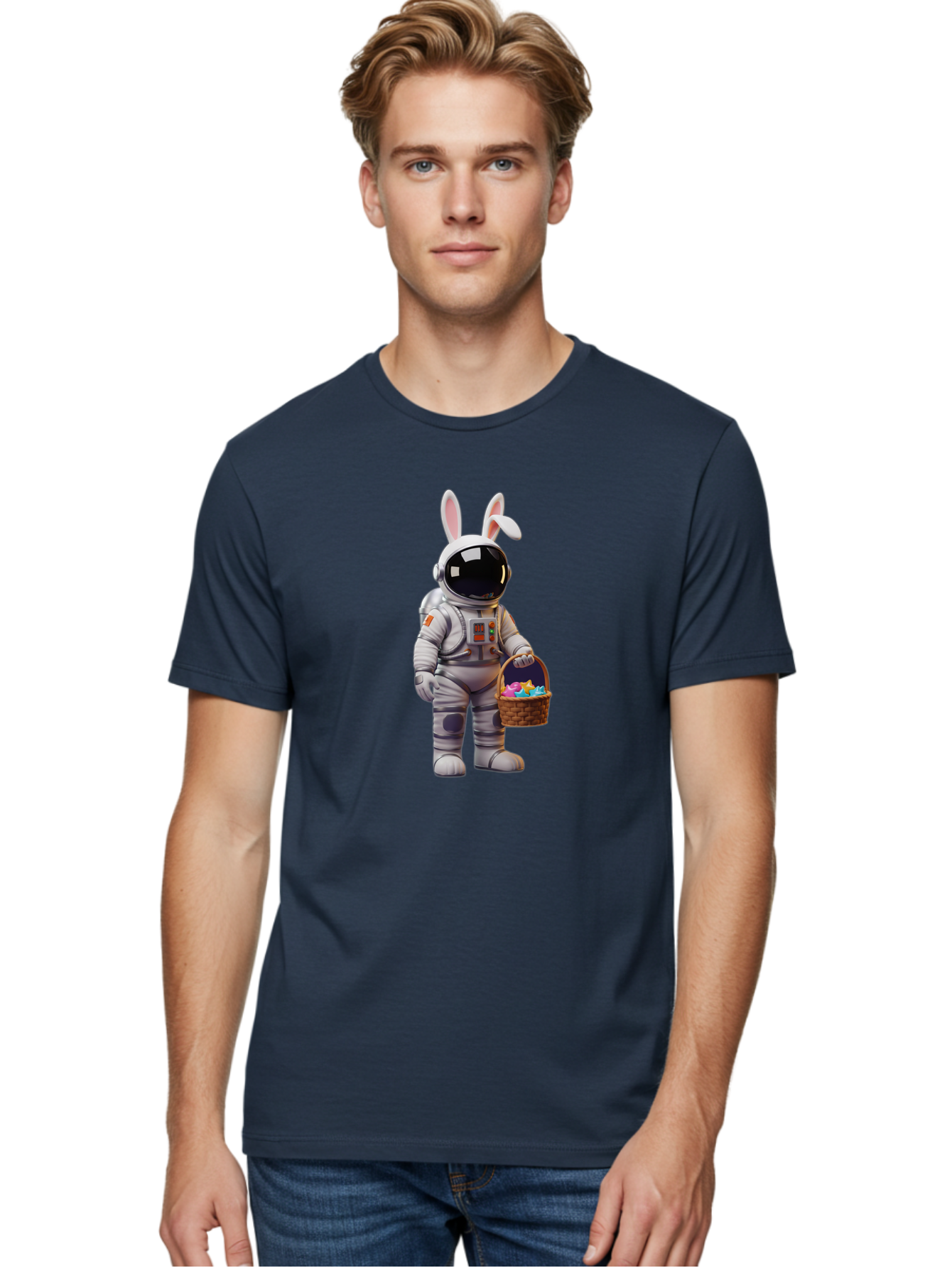 Astronaut-Bunny Men'S Graphic Tee, 100% Cotton, Comfortable Casual Summer Wear, Machine Washable, Astronaut With Bunny Ears, Space Suit, Easter Basket, Colorful Eggs, Digital Art, Futuristic, Holiday, Quirky, Easter Eggs, Festive Atmosphere, Baa143 26