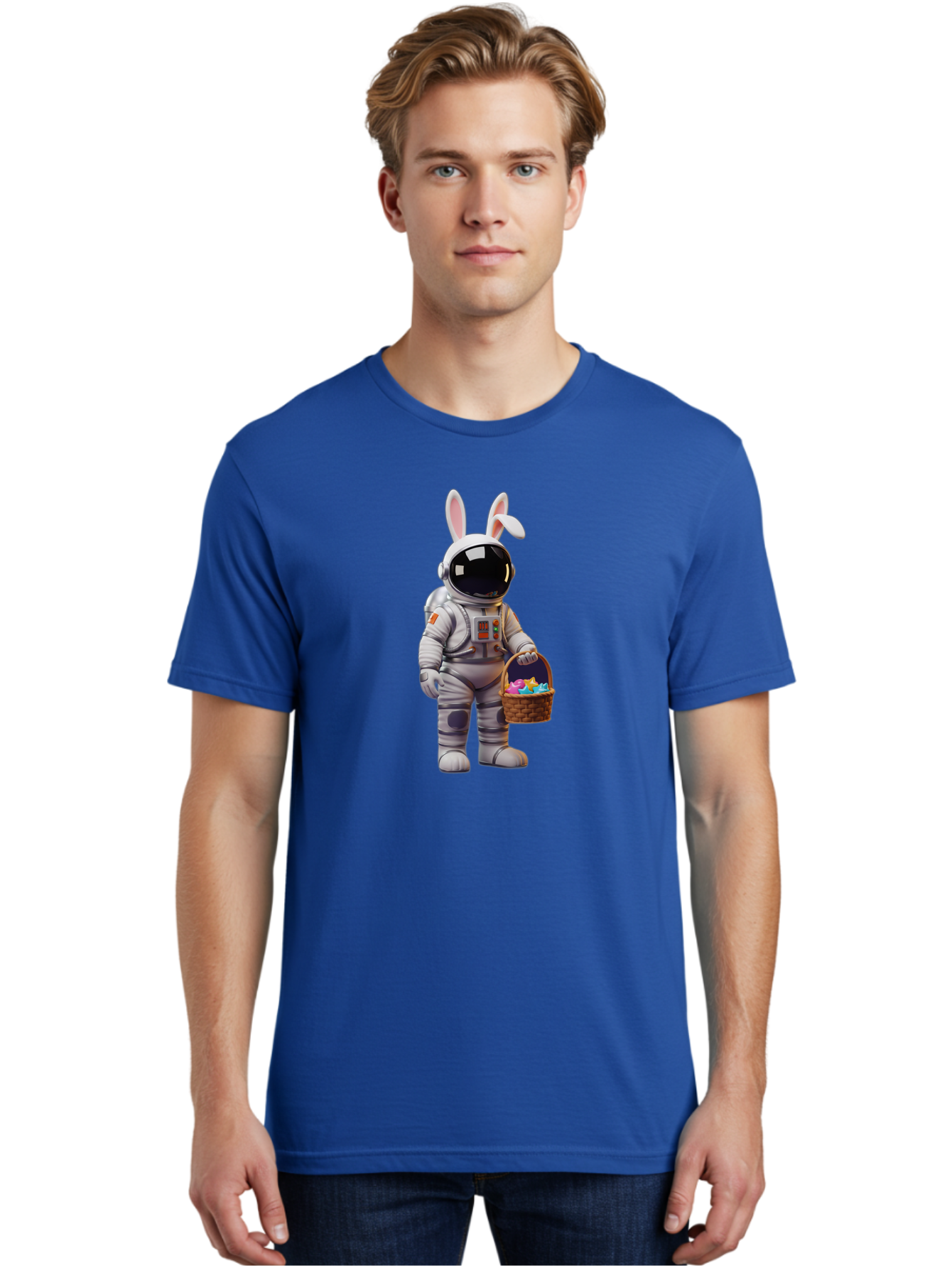 Astronaut-Bunny Men'S Graphic Tee, 100% Cotton, Comfortable Casual Summer Wear, Machine Washable, Astronaut With Bunny Ears, Space Suit, Easter Basket, Colorful Eggs, Digital Art, Futuristic, Holiday, Quirky, Easter Eggs, Festive Atmosphere, Baa143 10