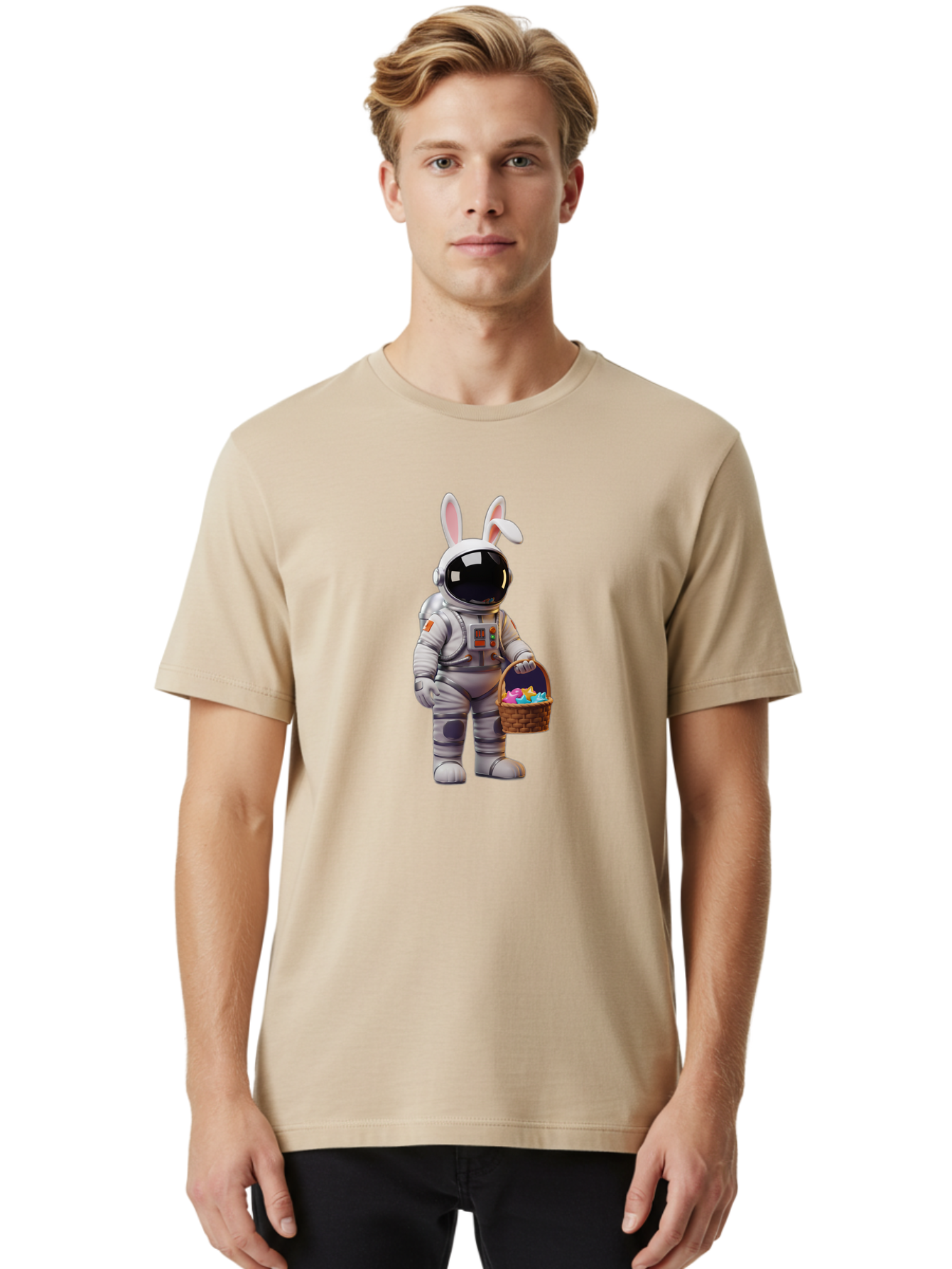 Astronaut-Bunny Men'S Graphic Tee, 100% Cotton, Comfortable Casual Summer Wear, Machine Washable, Astronaut With Bunny Ears, Space Suit, Easter Basket, Colorful Eggs, Digital Art, Futuristic, Holiday, Quirky, Easter Eggs, Festive Atmosphere, Baa143 4