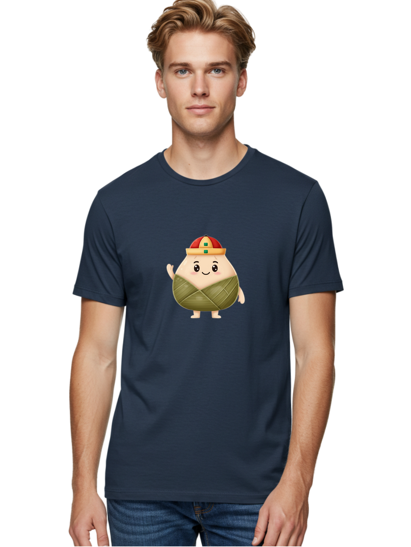 Bak-Chang Men'S Graphic Tee, 100% Cotton, Comfortable Casual Summer Wear, Machine Washable, Zongzi Cartoon Character, Dumpling Wrapped In Leaves, Chinese Traditional Food, Kawaii Illustration, Smiling Dumpling, Cute Mascot, Festive Hat, Baa145 6