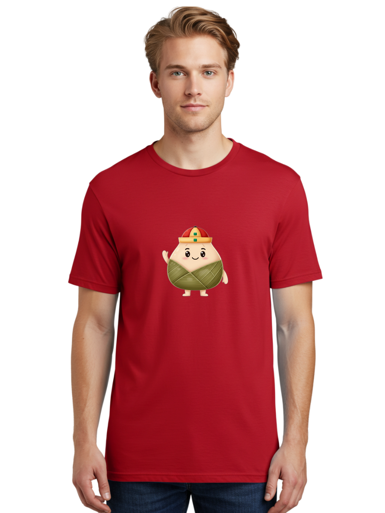 Bak-Chang Men'S Graphic Tee, 100% Cotton, Comfortable Casual Summer Wear, Machine Washable, Zongzi Cartoon Character, Dumpling Wrapped In Leaves, Chinese Traditional Food, Kawaii Illustration, Smiling Dumpling, Cute Mascot, Festive Hat, Baa145 18