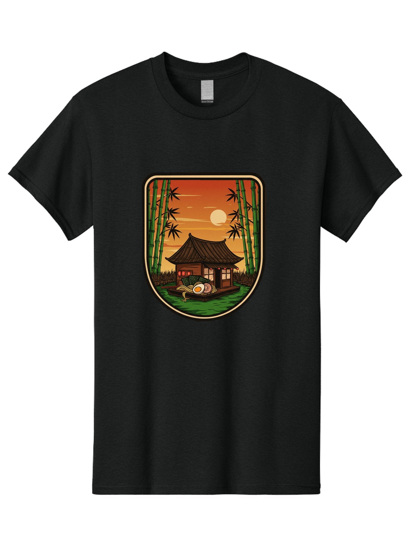 Bamboo-House Men'S Graphic Tee, 100% Cotton, Comfortable Casual Summer Wear, Machine Washable, Sake Bottle, Bamboo Forest, Traditional Japanese House, Serene Landscape, Peaceful Atmosphere, Japanese Culture, Evening Scene, Full Moon, Baa147 7