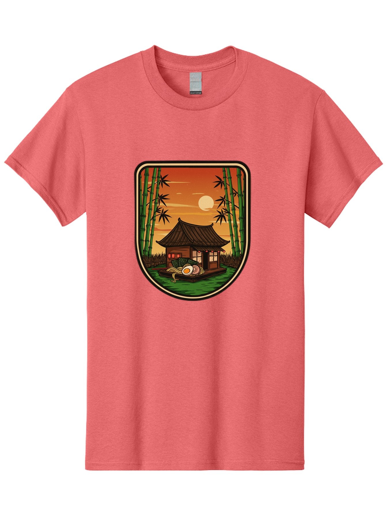 Bamboo-House Men'S Graphic Tee, 100% Cotton, Comfortable Casual Summer Wear, Machine Washable, Sake Bottle, Bamboo Forest, Traditional Japanese House, Serene Landscape, Peaceful Atmosphere, Japanese Culture, Evening Scene, Full Moon, Baa147 8