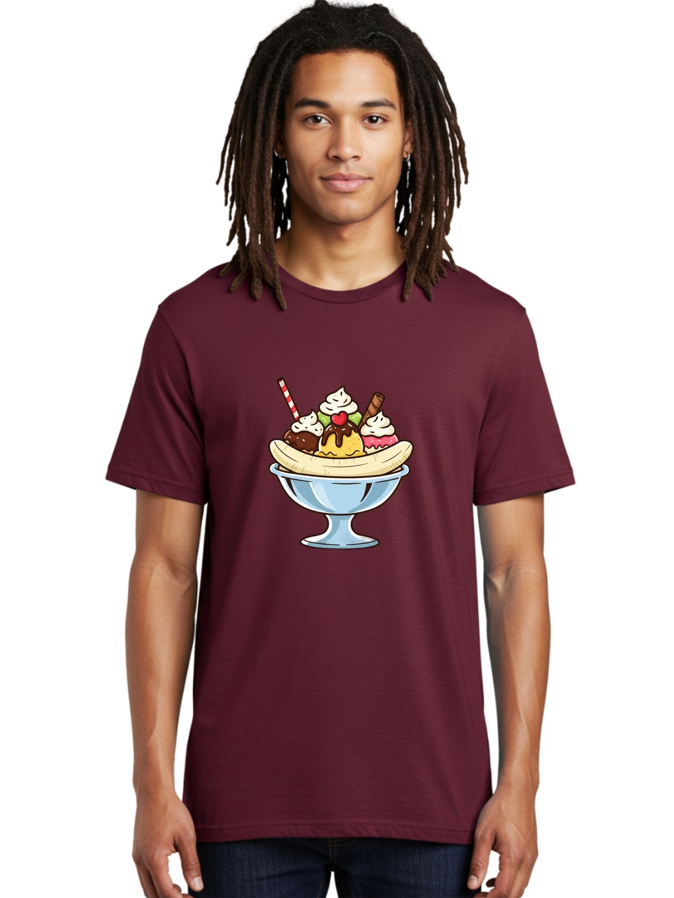 Banana-Split Men'S Graphic Tee, 100% Cotton, Comfortable Casual Summer Wear, Machine Washable, Banana Split, Sundae, Ice Cream Dessert, Whipped Cream, Chocolate Sauce, Cherry On Top, Colorful Treats, Sweet Indulgence Baa148 30