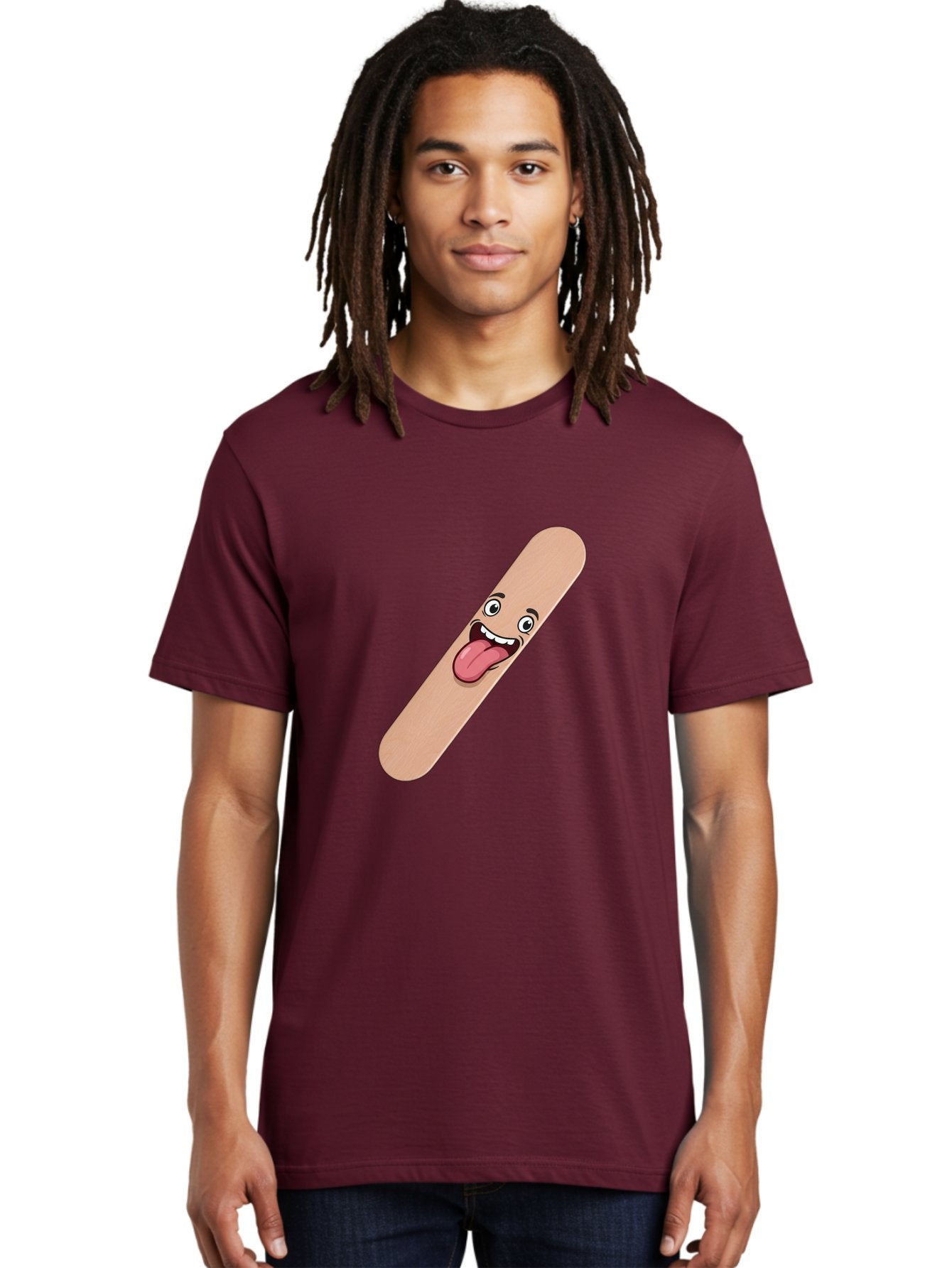 Bandage-Stick Men'S Graphic Tee, 100% Cotton, Comfortable Casual Summer Wear, Machine Washable, Cartoon Band-Aid, Funny Facial Expression, Tongue Out, Playful Character, Medical Humor, Quirky Illustration, Humorous Design Baa150 30