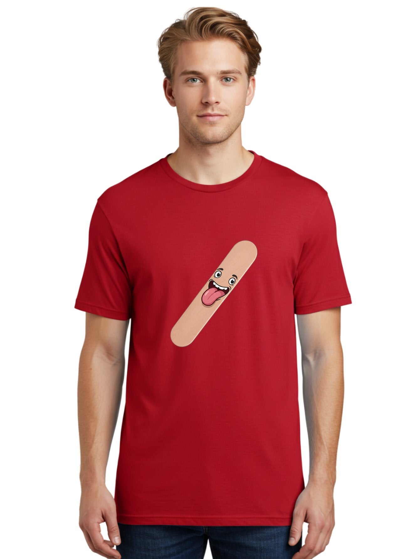Bandage-Stick Men'S Graphic Tee, 100% Cotton, Comfortable Casual Summer Wear, Machine Washable, Cartoon Band-Aid, Funny Facial Expression, Tongue Out, Playful Character, Medical Humor, Quirky Illustration, Humorous Design Baa150 28