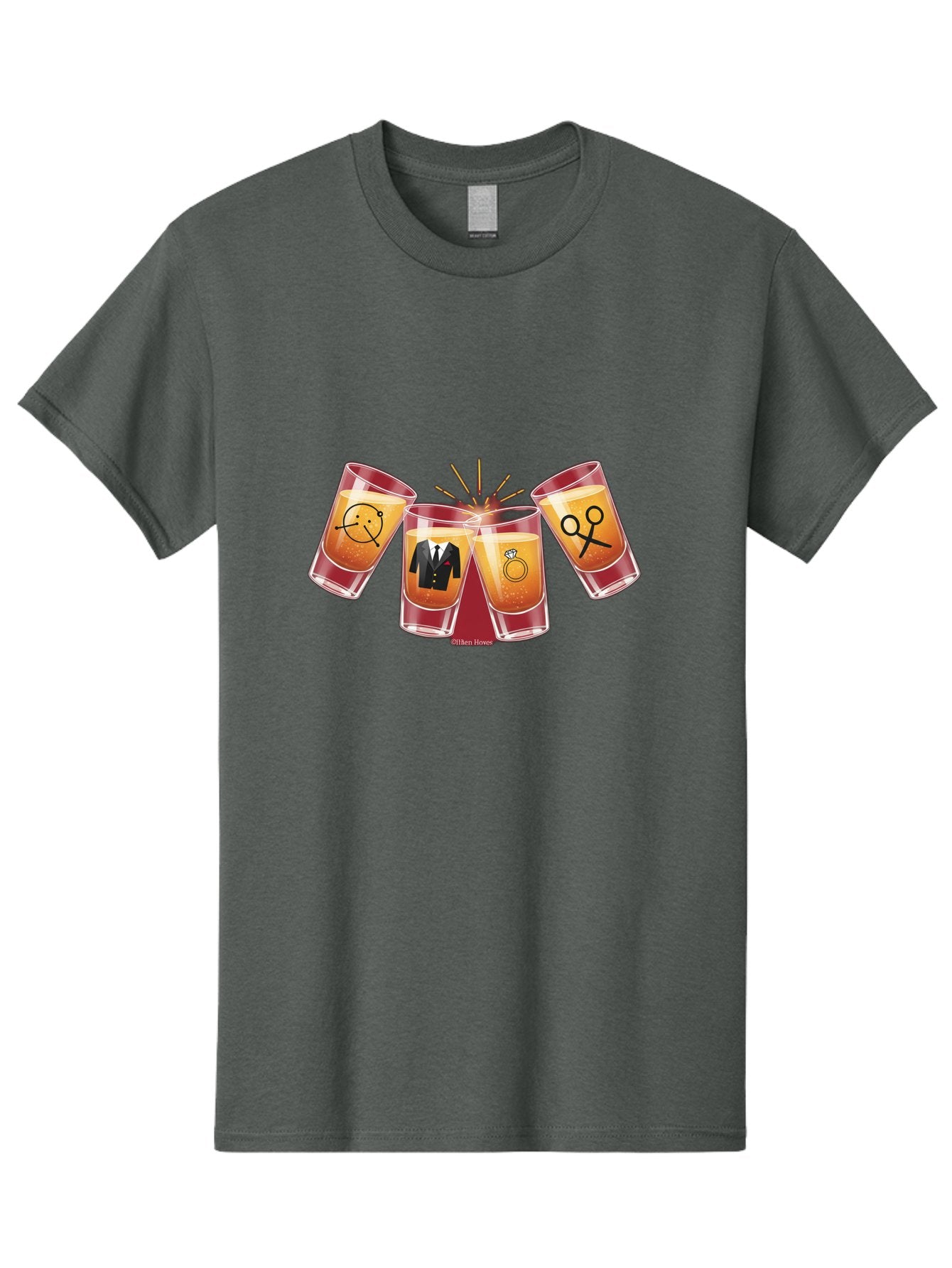 Bar-Brawl Men'S Graphic Tee, 100% Cotton, Comfortable Casual Summer Wear, Machine Washable, Shot Glasses, Orange Liquid, Symbolic Icons, Smiley Face, Tuxedo, Diamond Ring, Scissors, Party, Celebration, Festive Atmosphere Baa153 3