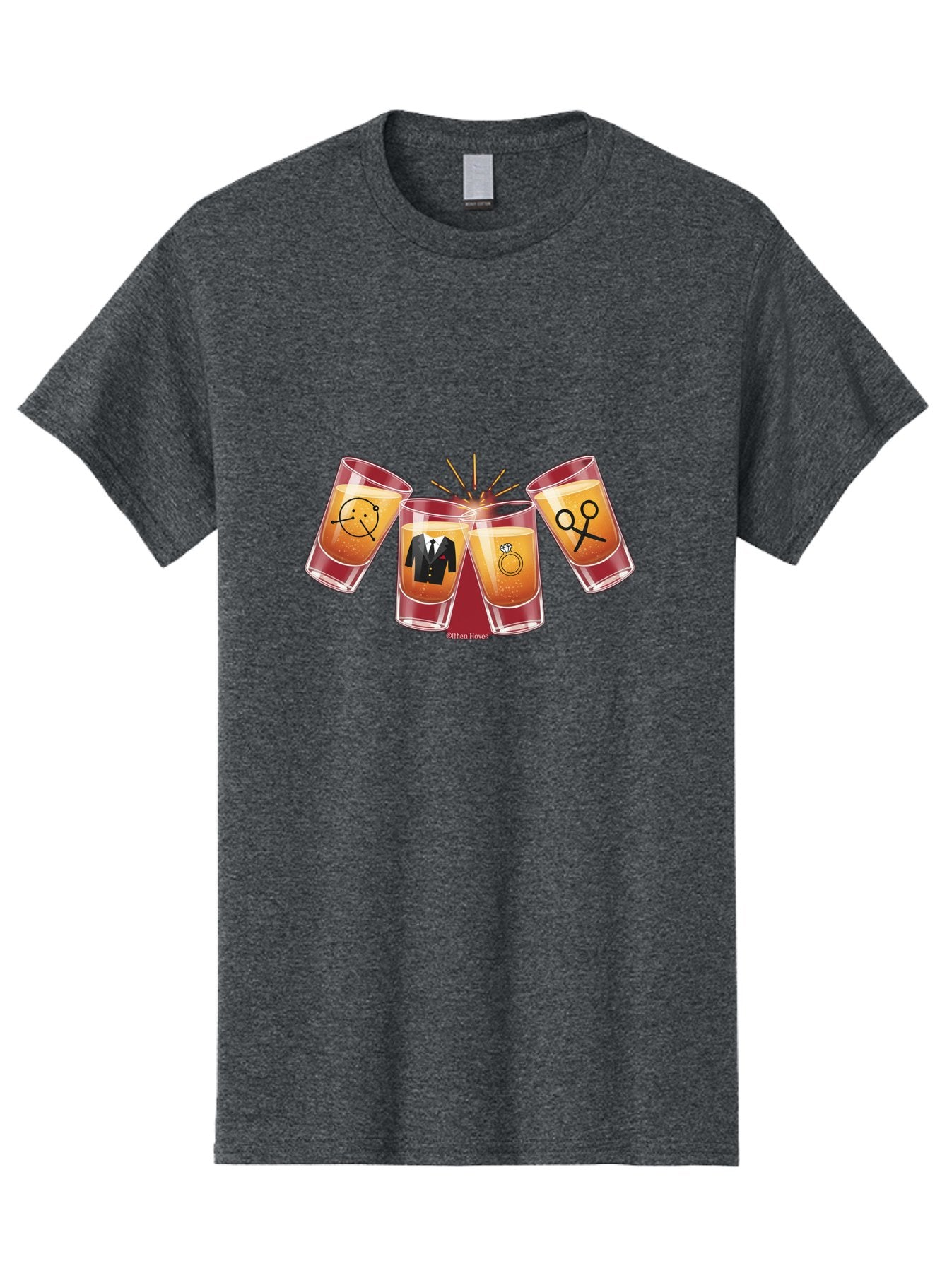 Bar-Brawl Men'S Graphic Tee, 100% Cotton, Comfortable Casual Summer Wear, Machine Washable, Shot Glasses, Orange Liquid, Symbolic Icons, Smiley Face, Tuxedo, Diamond Ring, Scissors, Party, Celebration, Festive Atmosphere Baa153 10