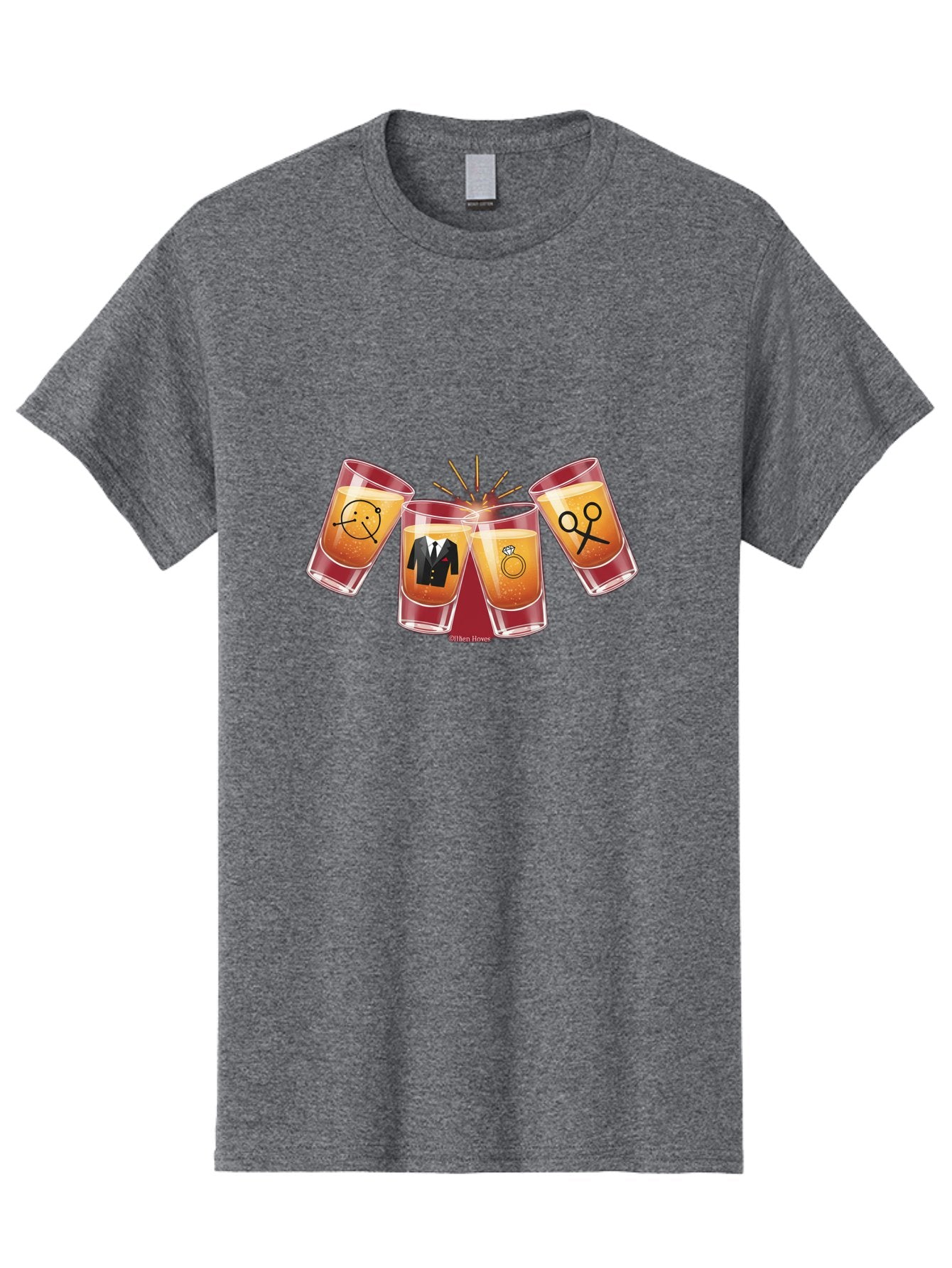 Bar-Brawl Men'S Graphic Tee, 100% Cotton, Comfortable Casual Summer Wear, Machine Washable, Shot Glasses, Orange Liquid, Symbolic Icons, Smiley Face, Tuxedo, Diamond Ring, Scissors, Party, Celebration, Festive Atmosphere Baa153 8
