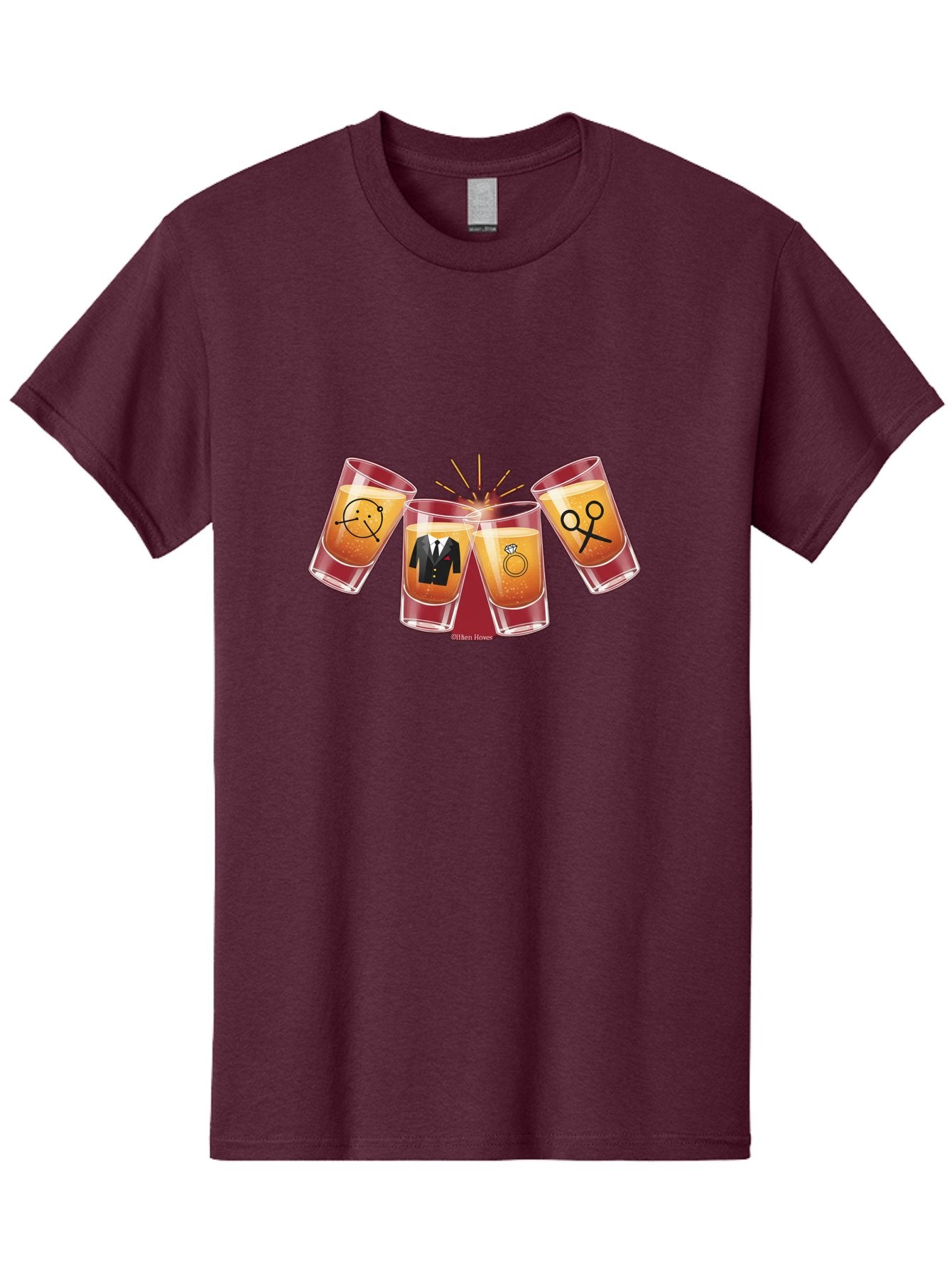 Bar-Brawl Men'S Graphic Tee, 100% Cotton, Comfortable Casual Summer Wear, Machine Washable, Shot Glasses, Orange Liquid, Symbolic Icons, Smiley Face, Tuxedo, Diamond Ring, Scissors, Party, Celebration, Festive Atmosphere Baa153