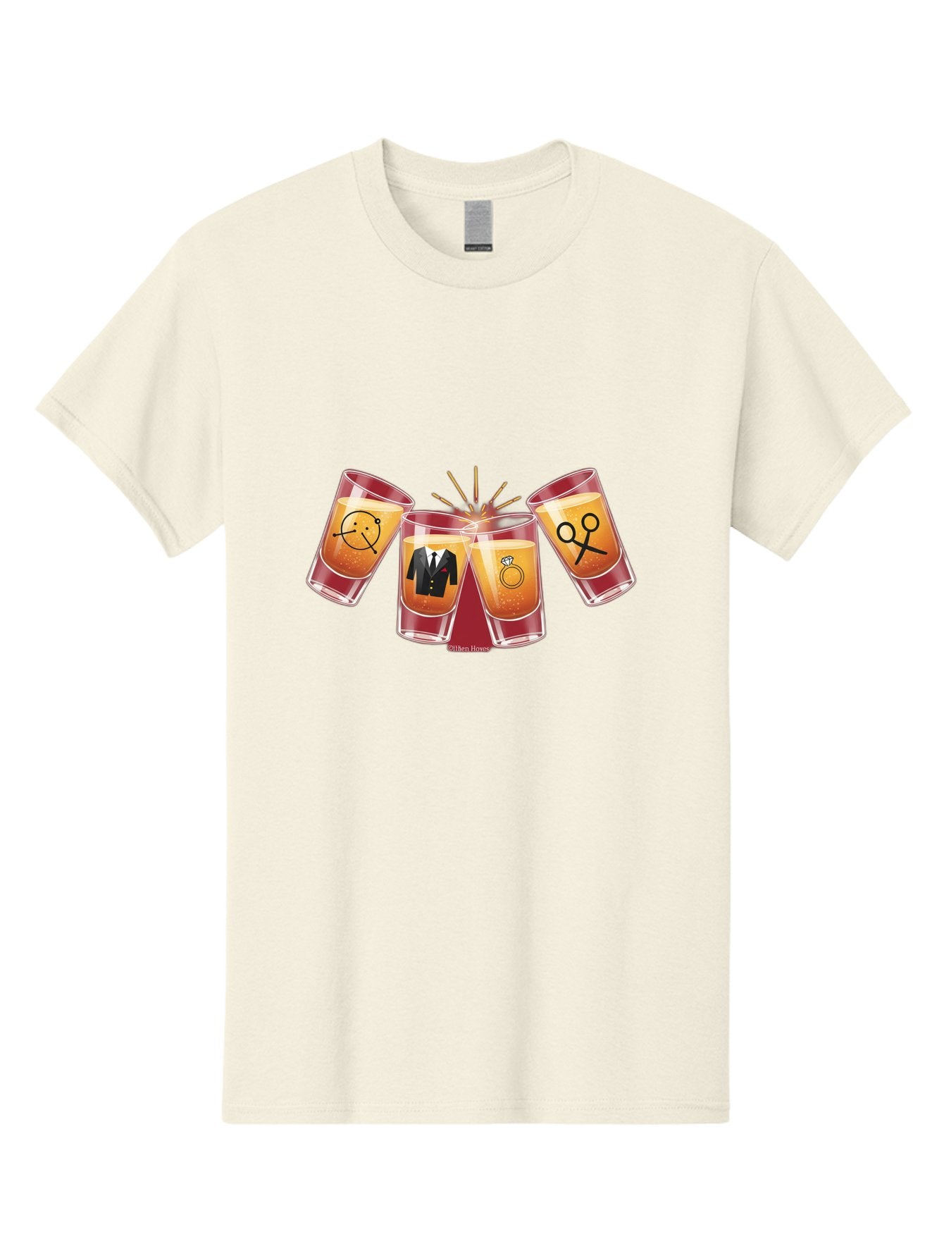 Bar-Brawl Men'S Graphic Tee, 100% Cotton, Comfortable Casual Summer Wear, Machine Washable, Shot Glasses, Orange Liquid, Symbolic Icons, Smiley Face, Tuxedo, Diamond Ring, Scissors, Party, Celebration, Festive Atmosphere Baa153 12