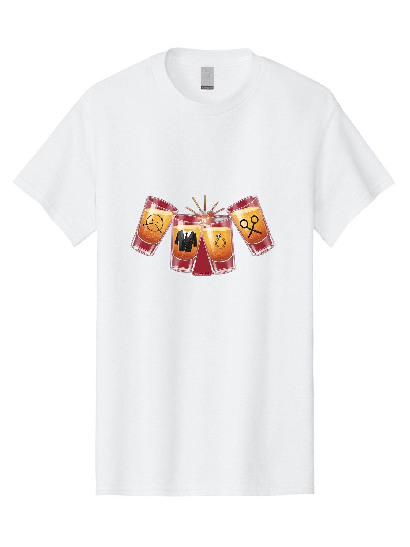 Bar-Brawl Men'S Graphic Tee, 100% Cotton, Comfortable Casual Summer Wear, Machine Washable, Shot Glasses, Orange Liquid, Symbolic Icons, Smiley Face, Tuxedo, Diamond Ring, Scissors, Party, Celebration, Festive Atmosphere Baa153 7