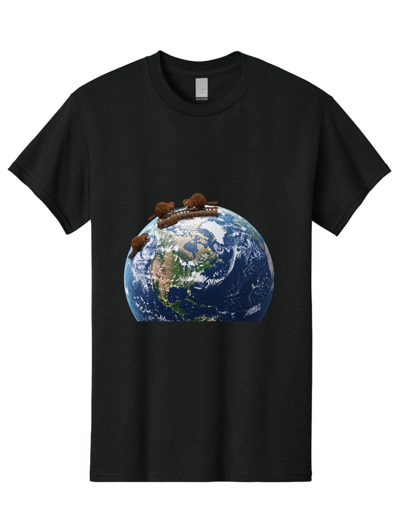 Beavers-On-Globe Men'S Graphic Tee, 100% Cotton, Comfortable Casual Summer Wear, Machine Washable, Beavers Building Dam On Top Of The Earth, Global Unity, Wildlife Conservation, Environmental Protection, Teamwork, Creative Beavers, Beaver Dam Baa157 12