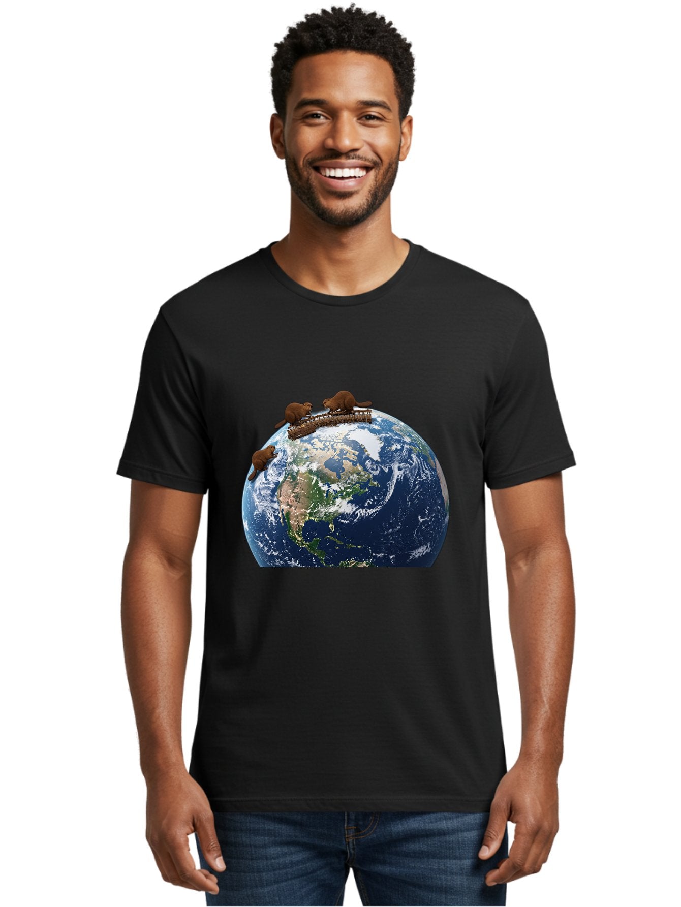 Beavers-On-Globe Men'S Graphic Tee, 100% Cotton, Comfortable Casual Summer Wear, Machine Washable, Beavers Building Dam On Top Of The Earth, Global Unity, Wildlife Conservation, Environmental Protection, Teamwork, Creative Beavers, Beaver Dam Baa157 28