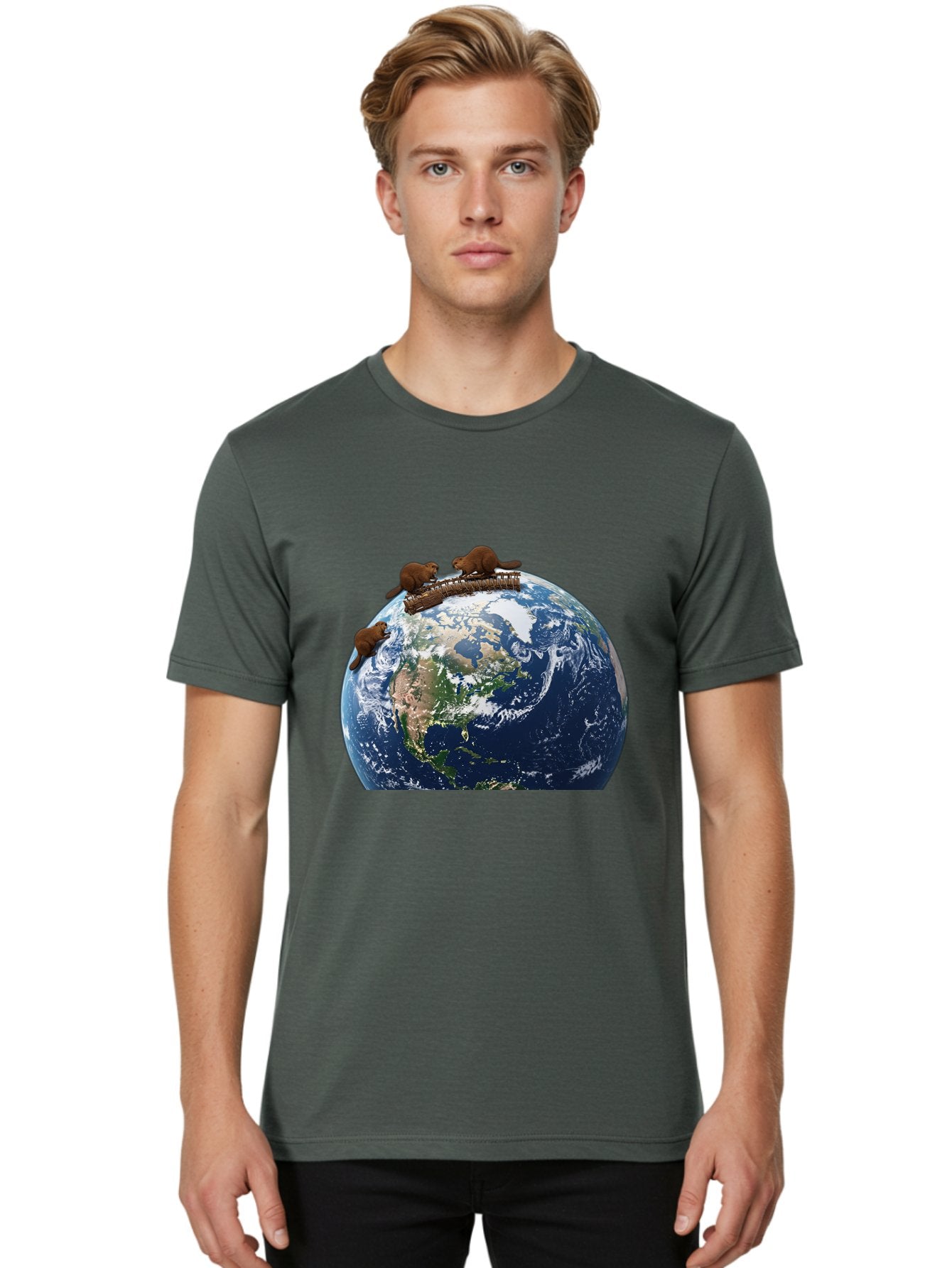 Beavers-On-Globe Men'S Graphic Tee, 100% Cotton, Comfortable Casual Summer Wear, Machine Washable, Beavers Building Dam On Top Of The Earth, Global Unity, Wildlife Conservation, Environmental Protection, Teamwork, Creative Beavers, Beaver Dam Baa157 26