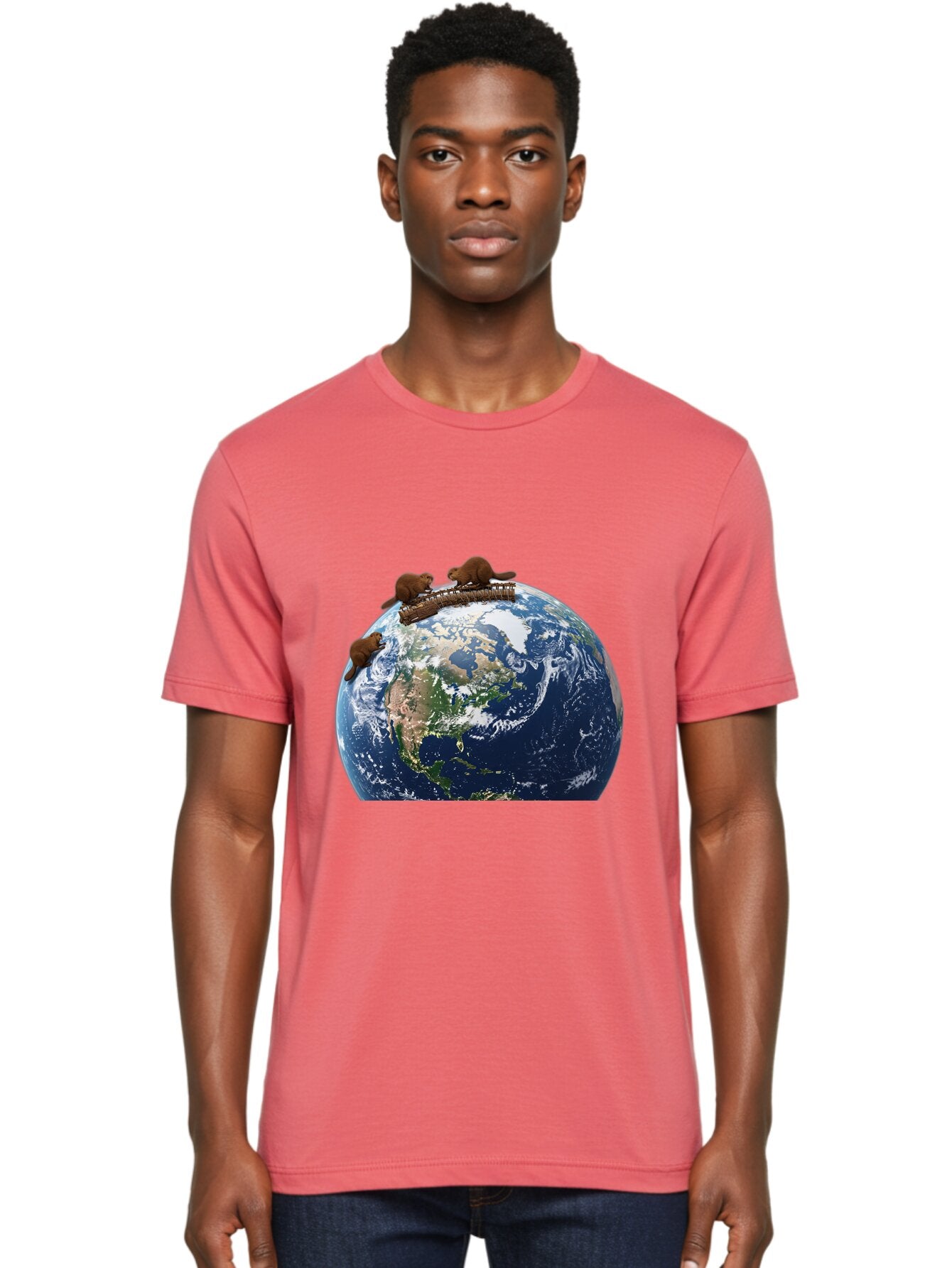 Beavers-On-Globe Men'S Graphic Tee, 100% Cotton, Comfortable Casual Summer Wear, Machine Washable, Beavers Building Dam On Top Of The Earth, Global Unity, Wildlife Conservation, Environmental Protection, Teamwork, Creative Beavers, Beaver Dam Baa157 24