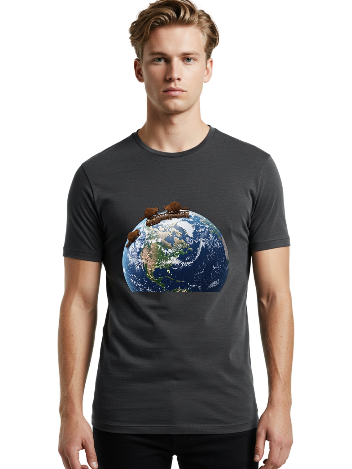 Beavers-On-Globe Men'S Graphic Tee, 100% Cotton, Comfortable Casual Summer Wear, Machine Washable, Beavers Building Dam On Top Of The Earth, Global Unity, Wildlife Conservation, Environmental Protection, Teamwork, Creative Beavers, Beaver Dam Baa157 27