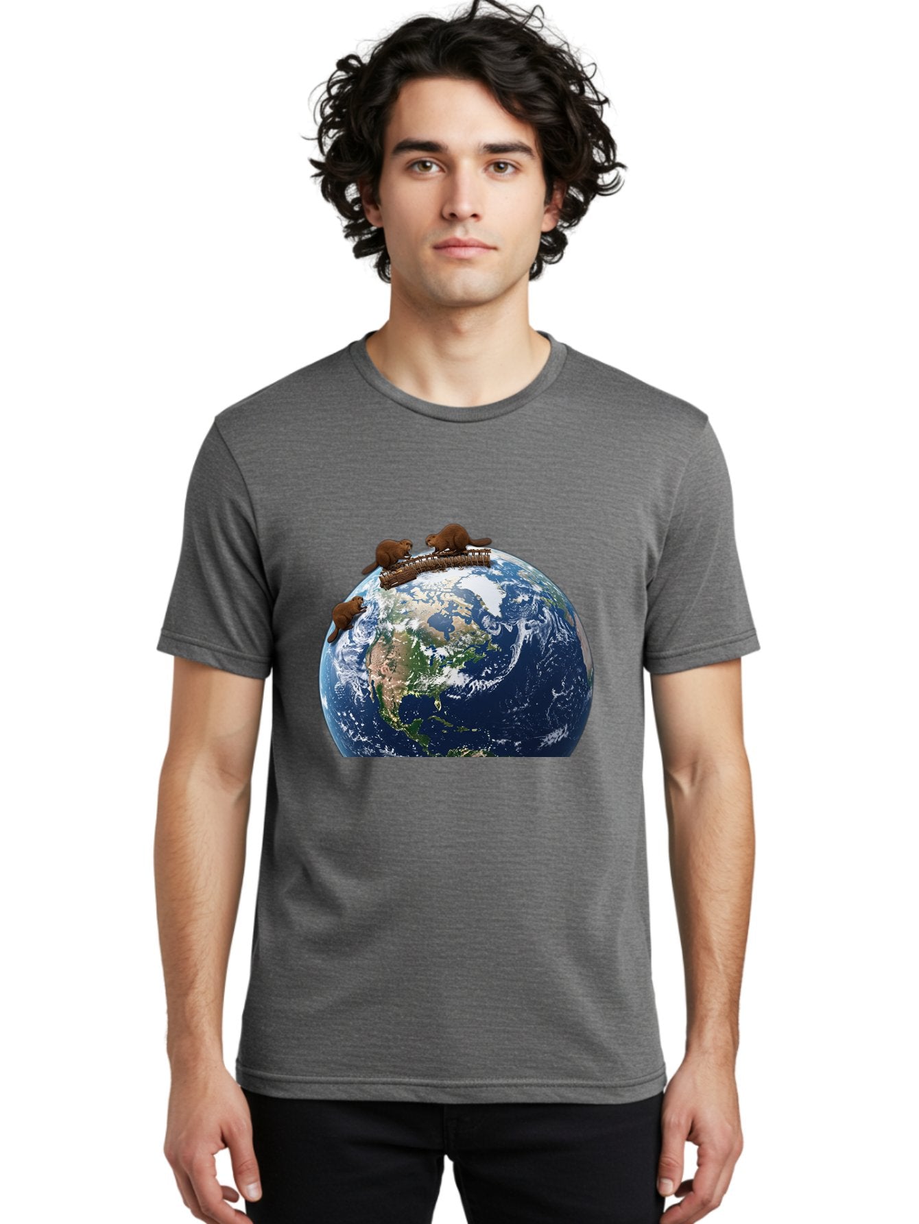 Beavers-On-Globe Men'S Graphic Tee, 100% Cotton, Comfortable Casual Summer Wear, Machine Washable, Beavers Building Dam On Top Of The Earth, Global Unity, Wildlife Conservation, Environmental Protection, Teamwork, Creative Beavers, Beaver Dam Baa157 23