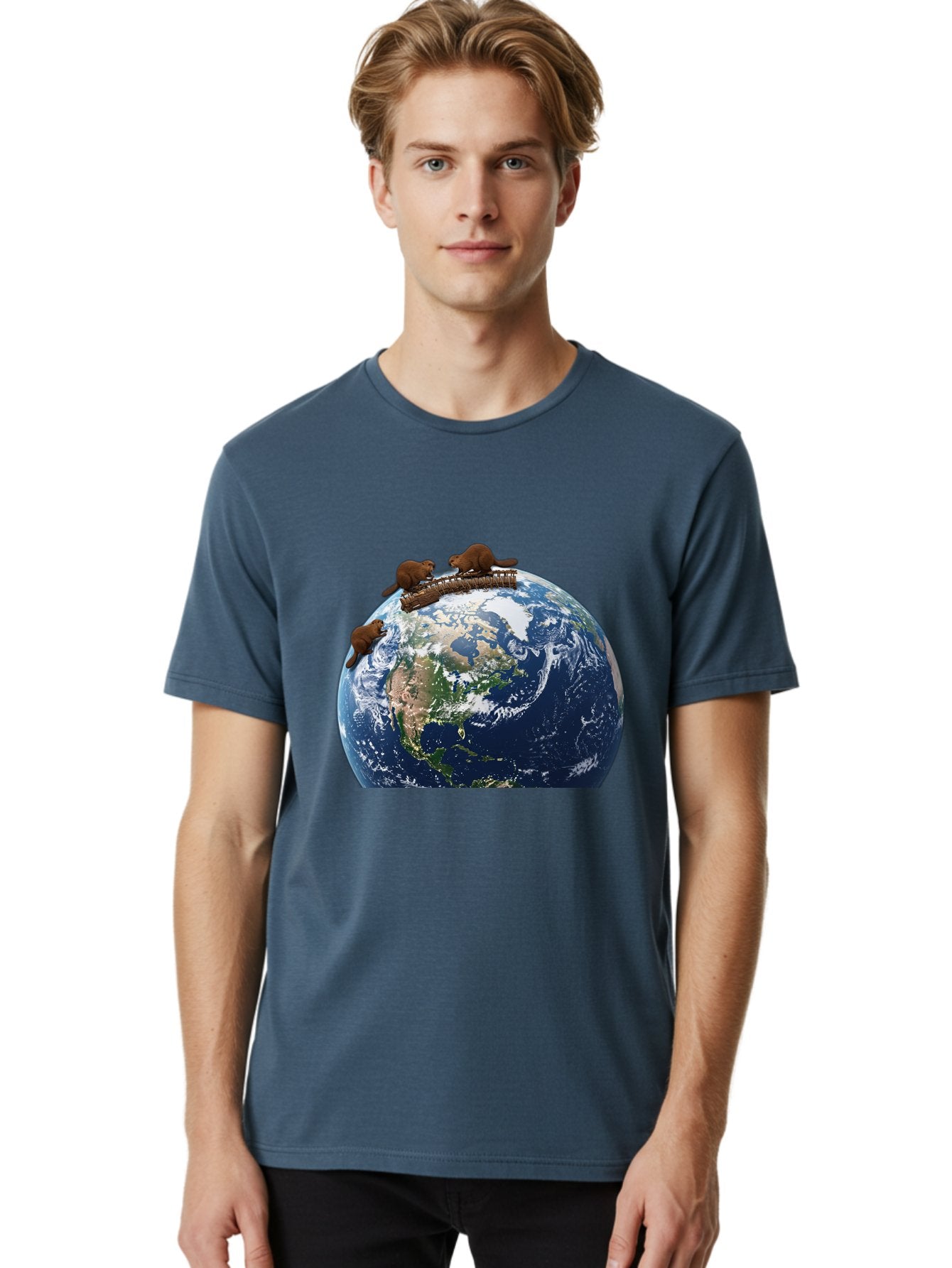 Beavers-On-Globe Men'S Graphic Tee, 100% Cotton, Comfortable Casual Summer Wear, Machine Washable, Beavers Building Dam On Top Of The Earth, Global Unity, Wildlife Conservation, Environmental Protection, Teamwork, Creative Beavers, Beaver Dam Baa157 29