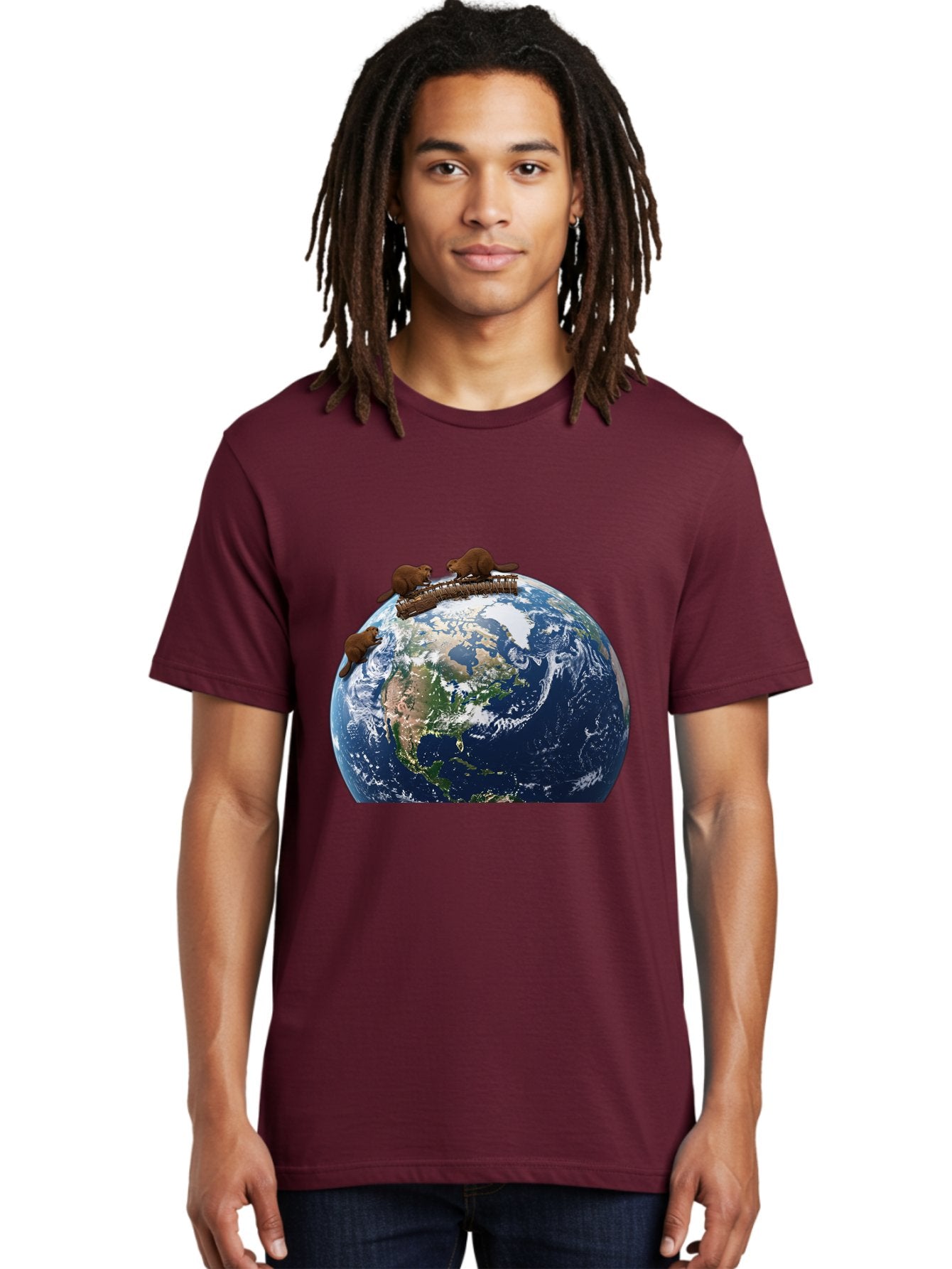Beavers-On-Globe Men'S Graphic Tee, 100% Cotton, Comfortable Casual Summer Wear, Machine Washable, Beavers Building Dam On Top Of The Earth, Global Unity, Wildlife Conservation, Environmental Protection, Teamwork, Creative Beavers, Beaver Dam Baa157 22